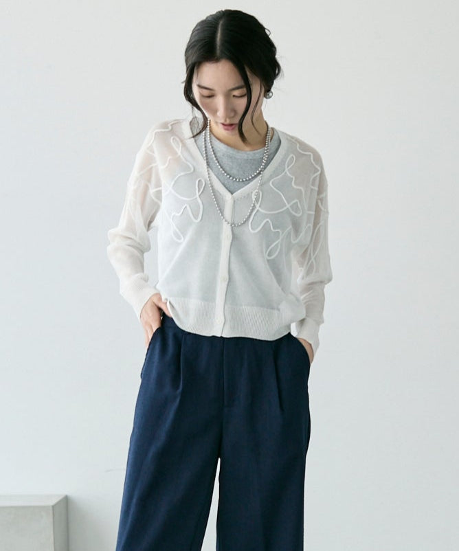 天竺編み刺繍入りVネックカーディガン