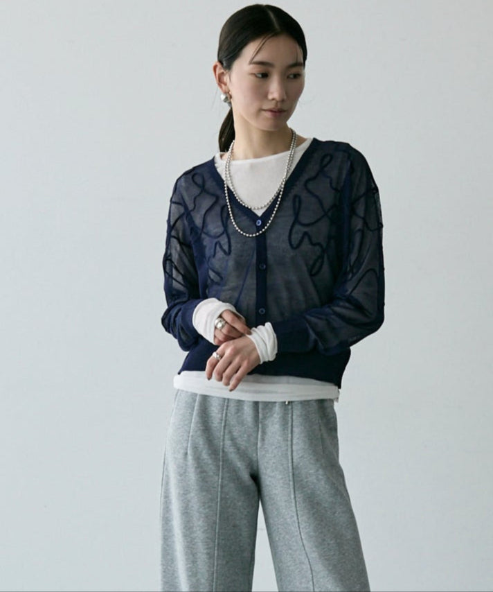 天竺編み刺繍入りVネックカーディガン