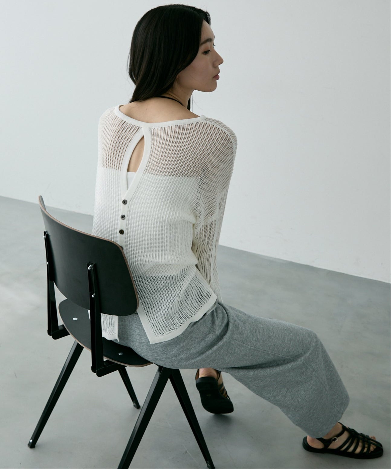 バックシャンメッシュニットプルオーバー