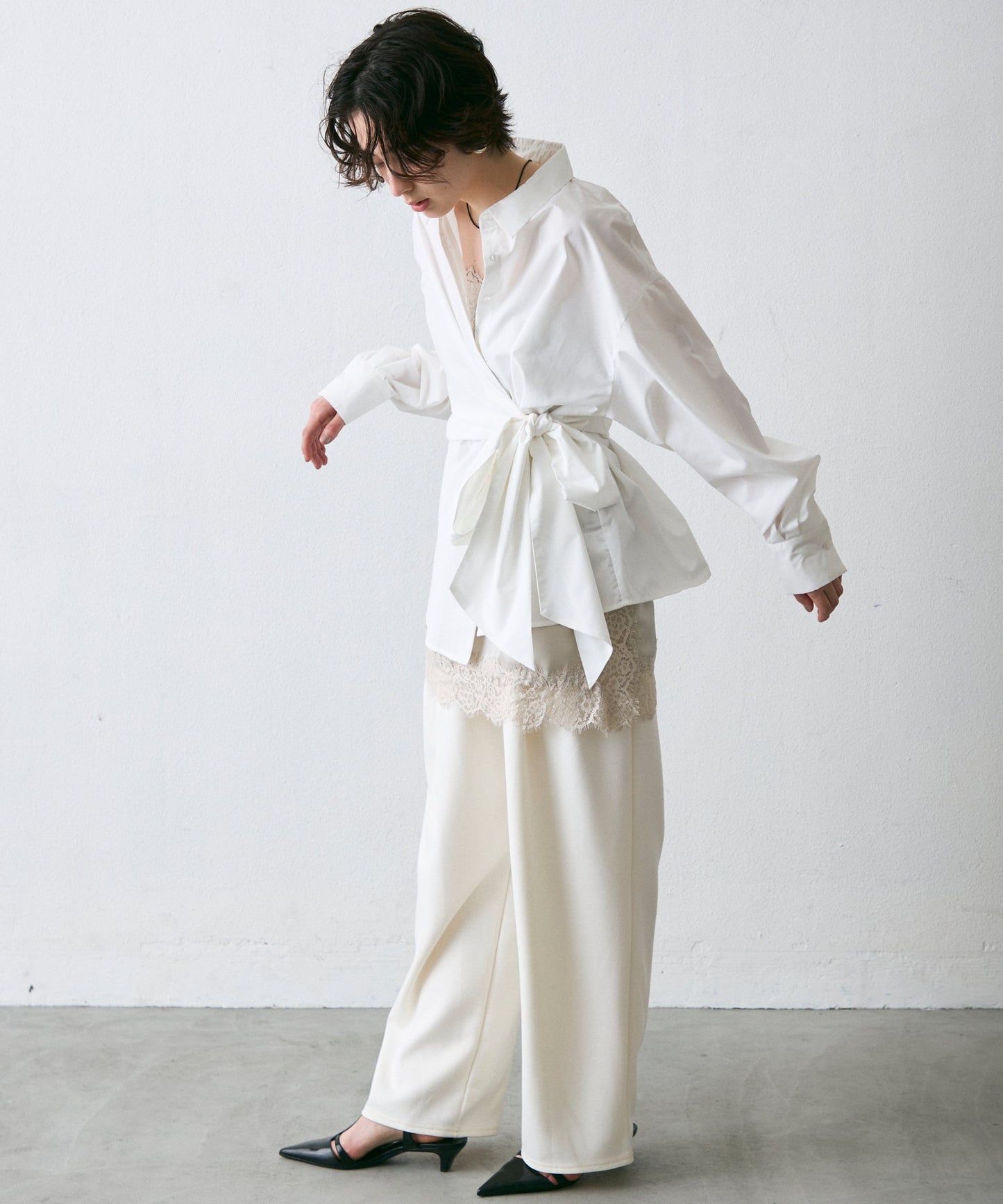 ウエストアシメリボン長袖シャツ