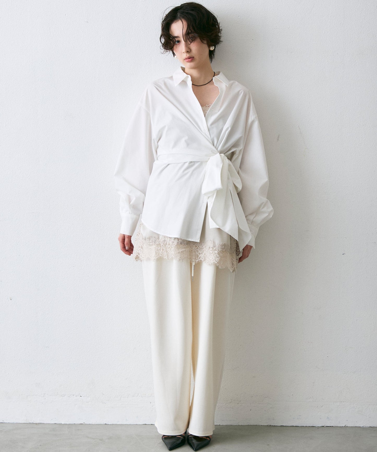 ウエストアシメリボン長袖シャツ