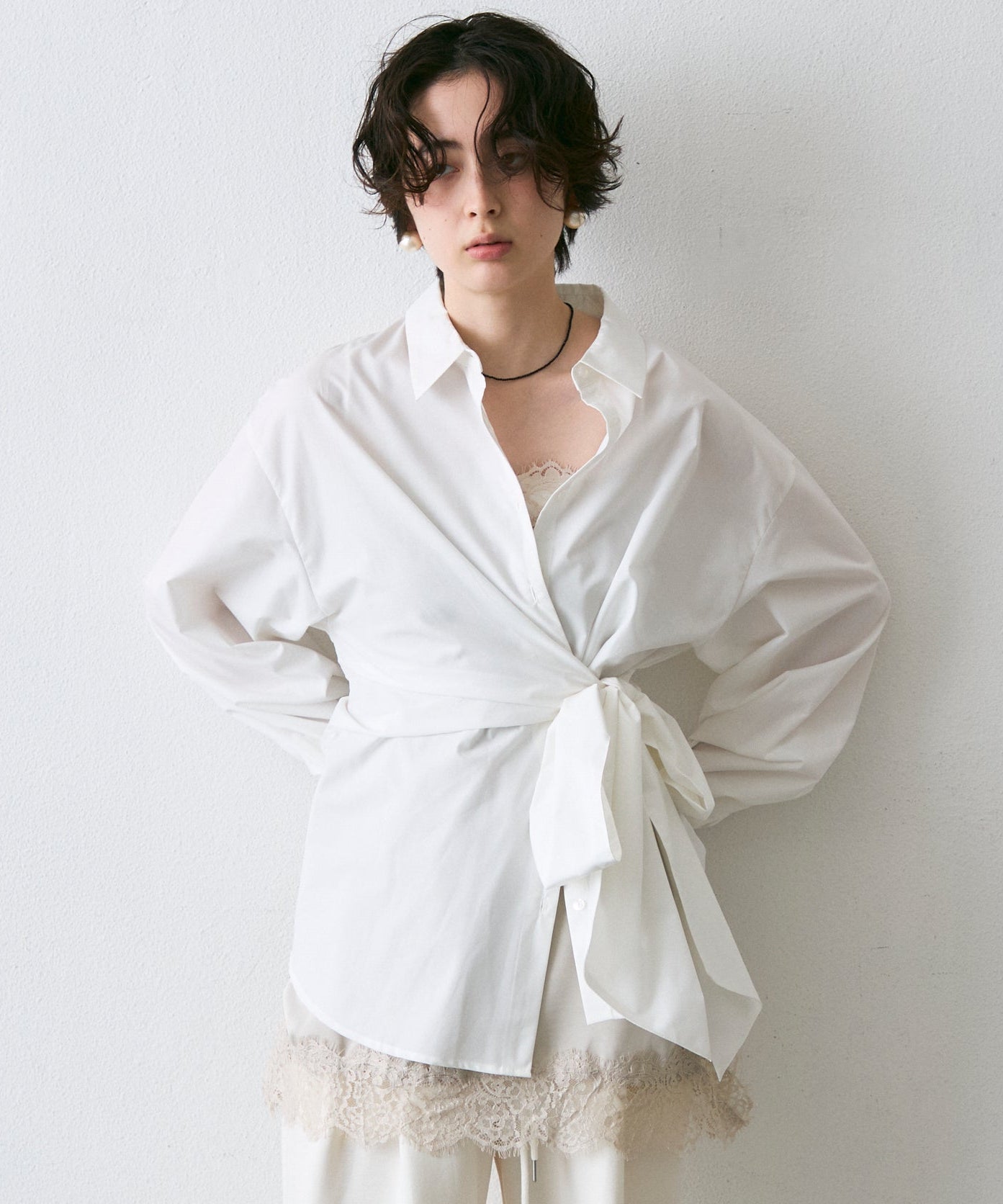 ウエストアシメリボン長袖シャツ