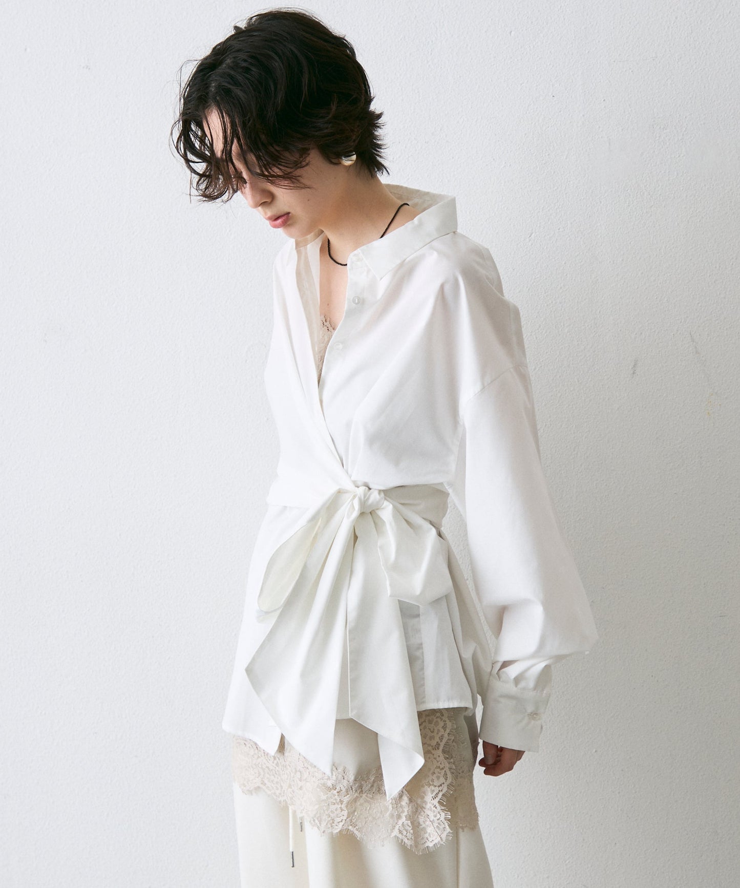 ウエストアシメリボン長袖シャツ