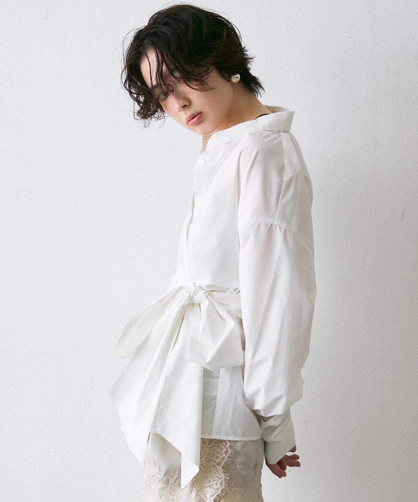 ウエストアシメリボン長袖シャツ