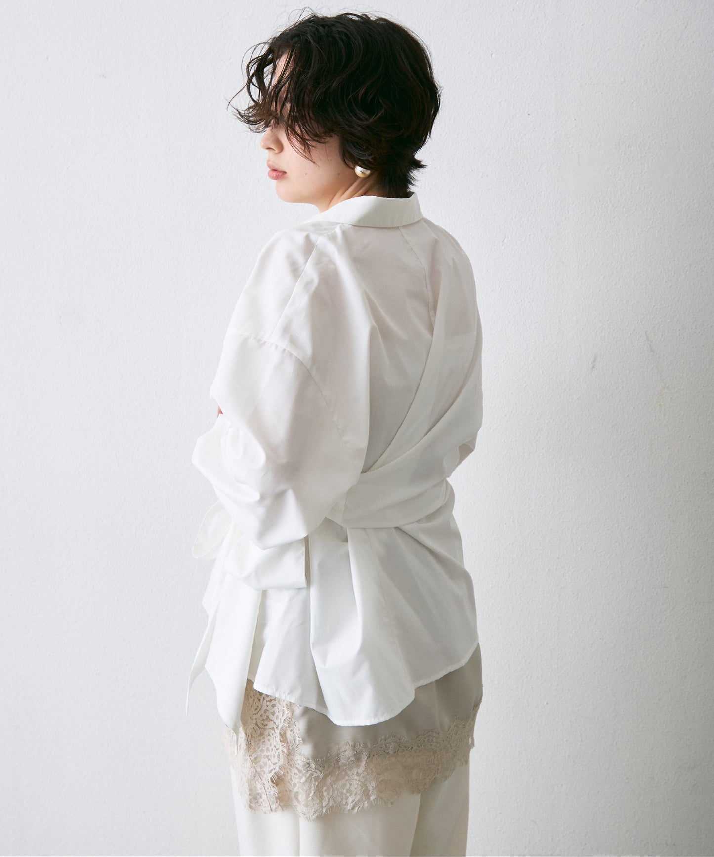 ウエストアシメリボン長袖シャツ