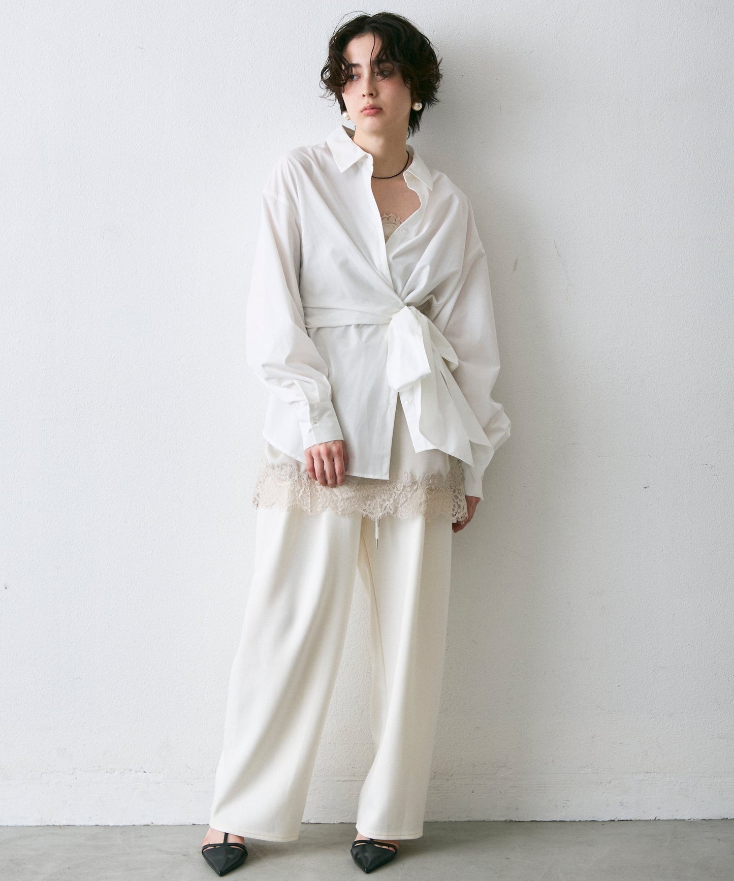 ウエストアシメリボン長袖シャツ