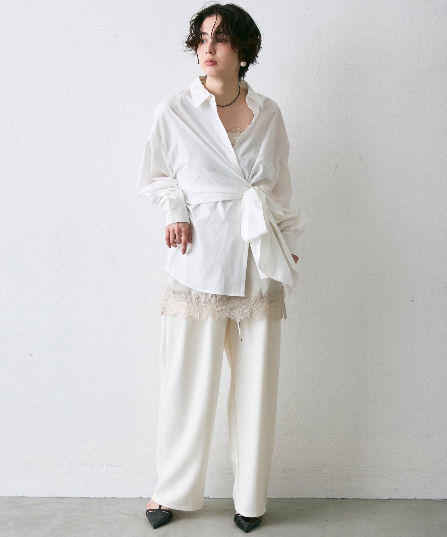 ウエストアシメリボン長袖シャツ