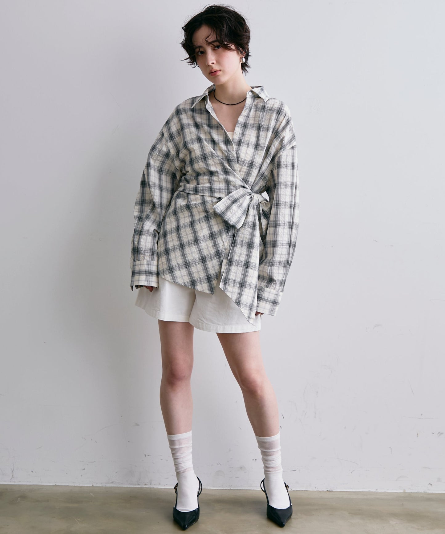 ウエストアシメリボン長袖シャツ