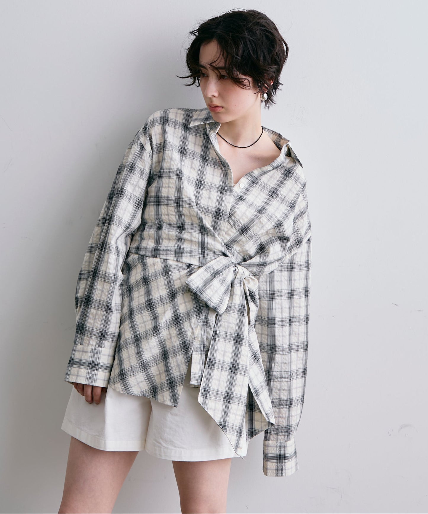 ウエストアシメリボン長袖シャツ