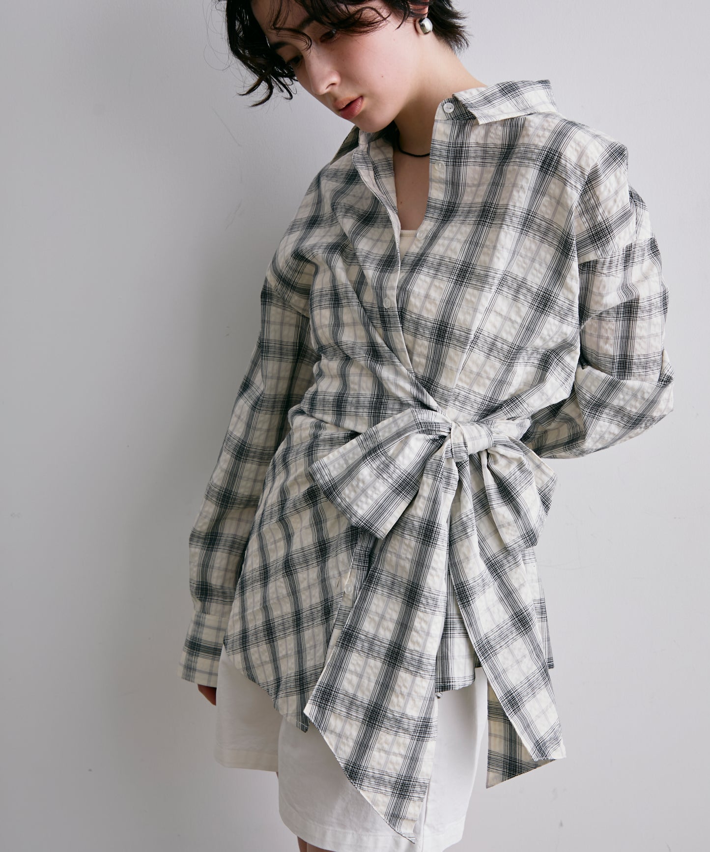 ウエストアシメリボン長袖シャツ