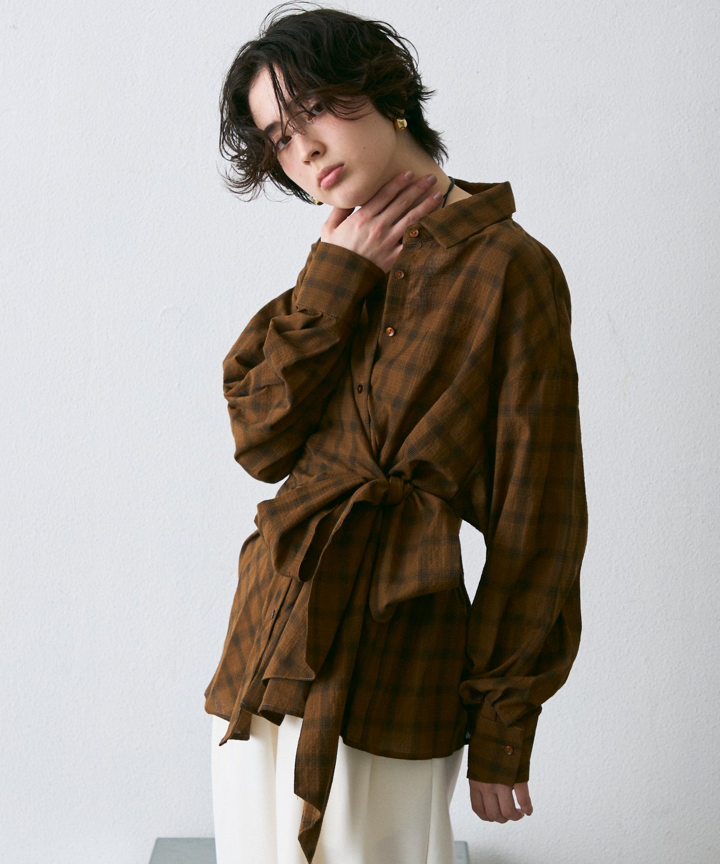 ウエストアシメリボン長袖シャツ