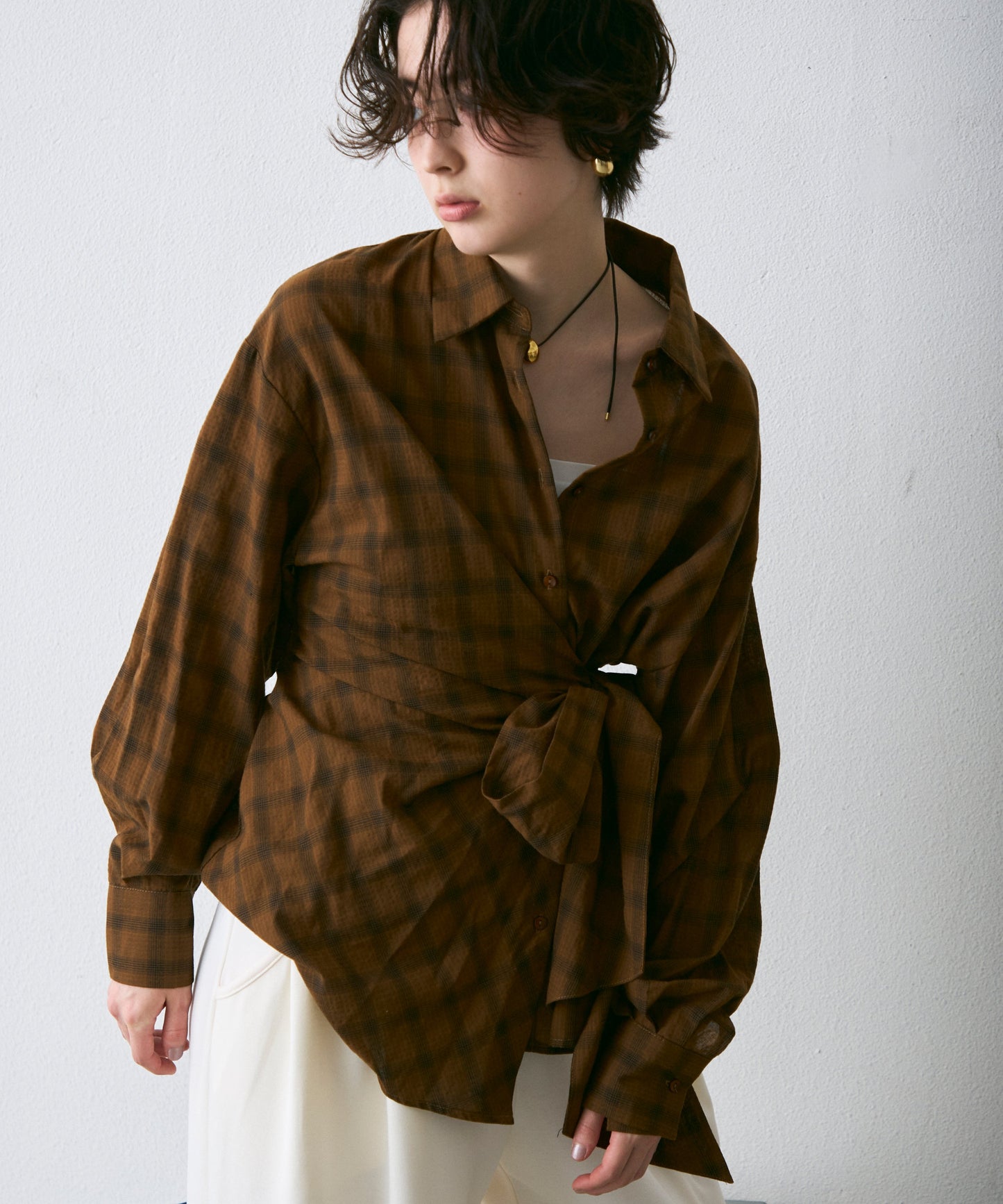 ウエストアシメリボン長袖シャツ