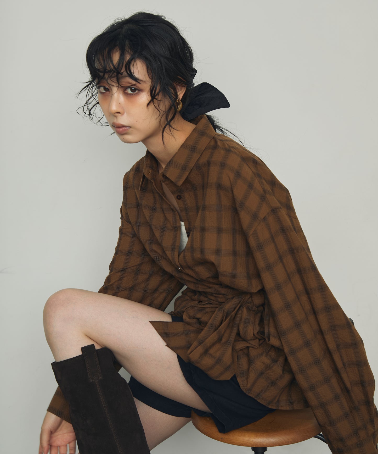 ウエストアシメリボン長袖シャツ