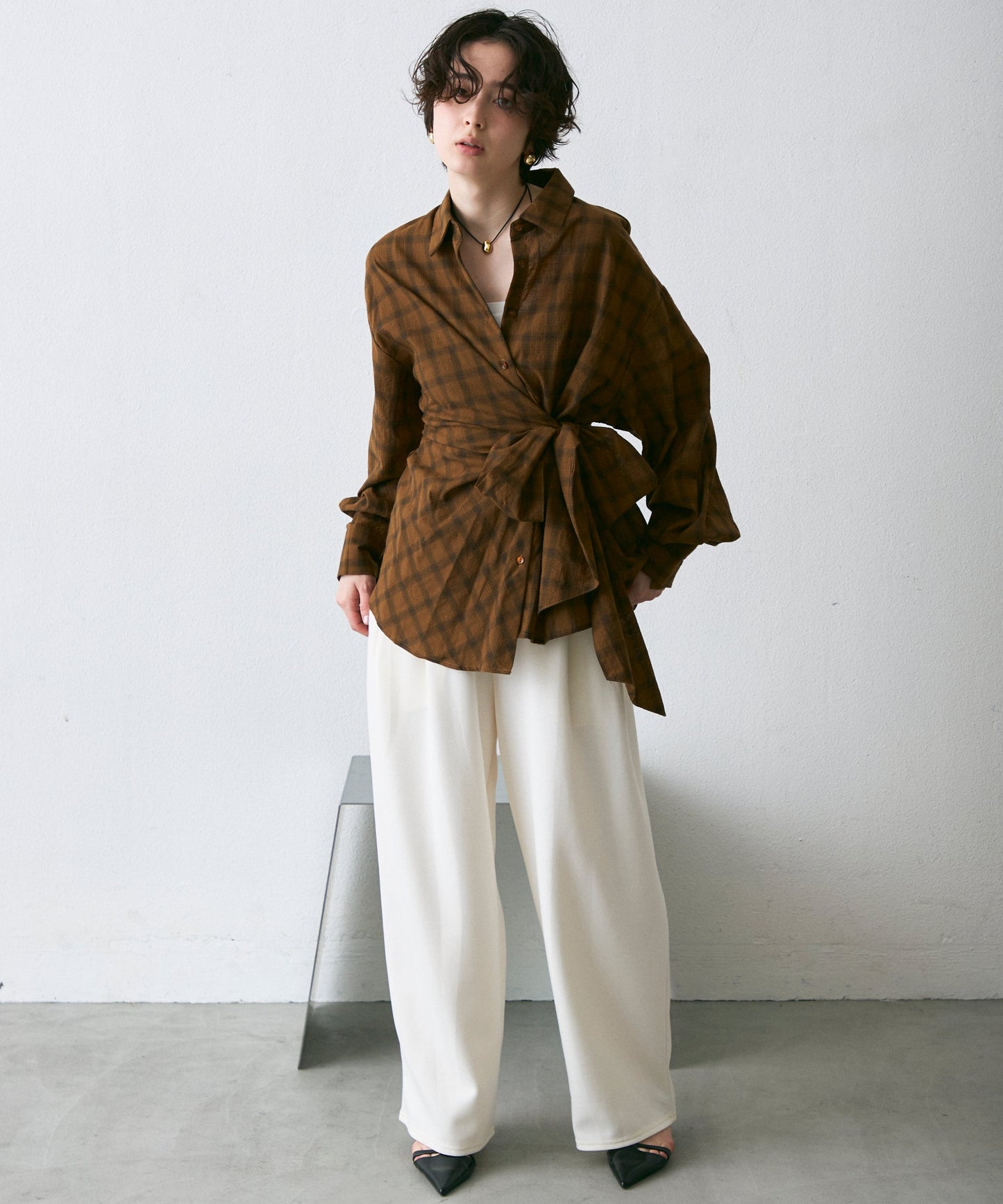 ウエストアシメリボン長袖シャツ