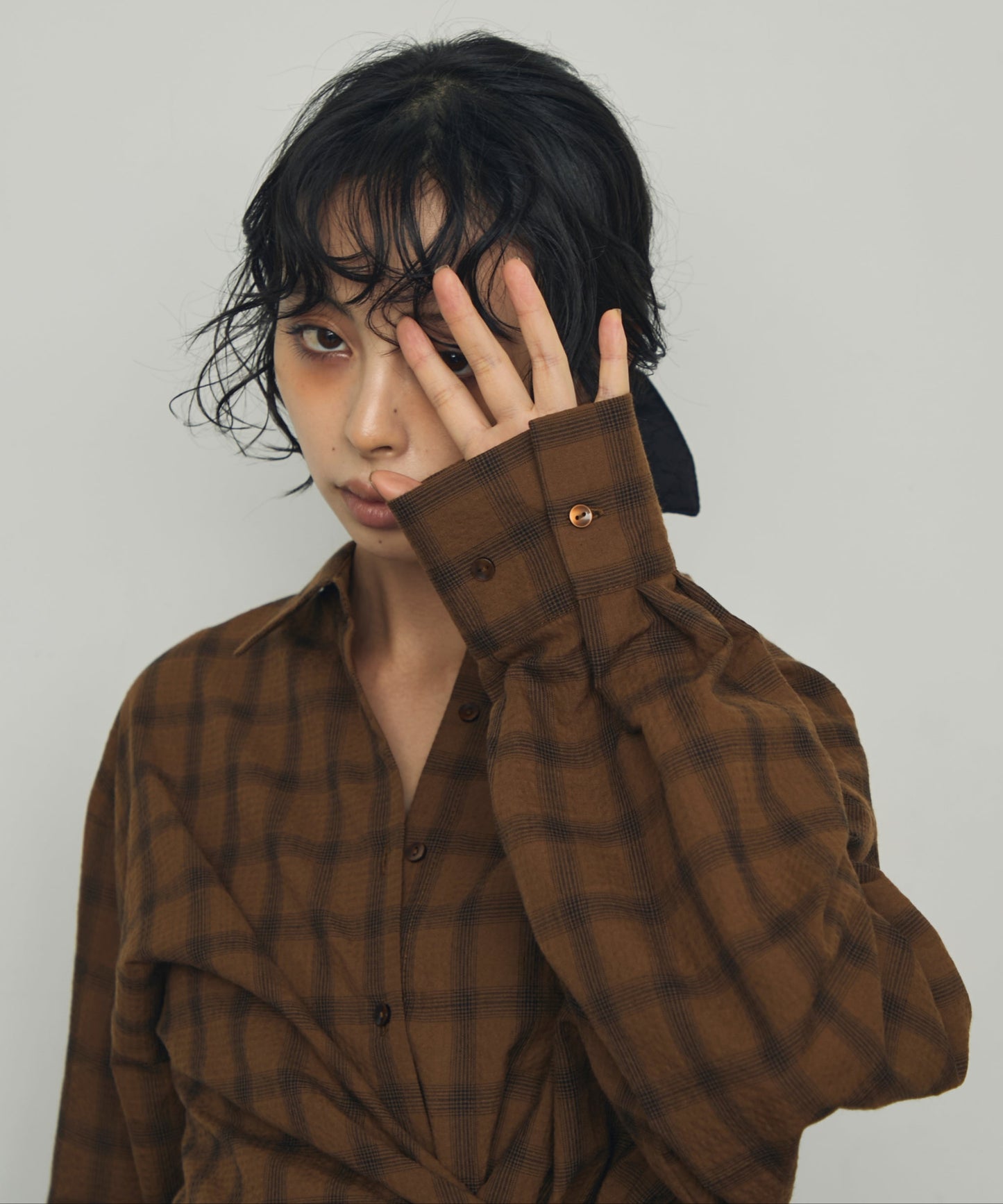 ウエストアシメリボン長袖シャツ
