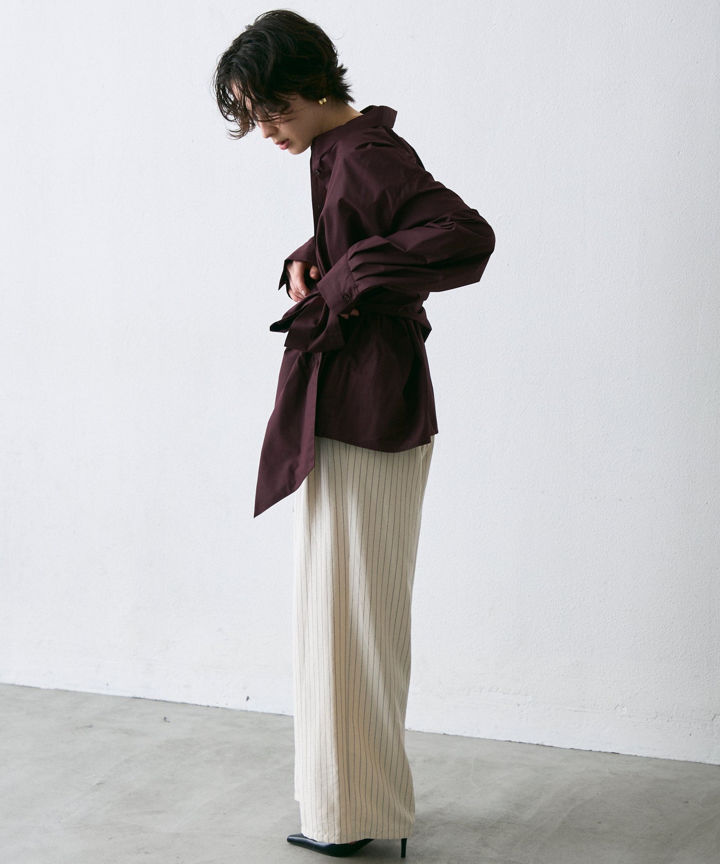 ウエストアシメリボン長袖シャツ