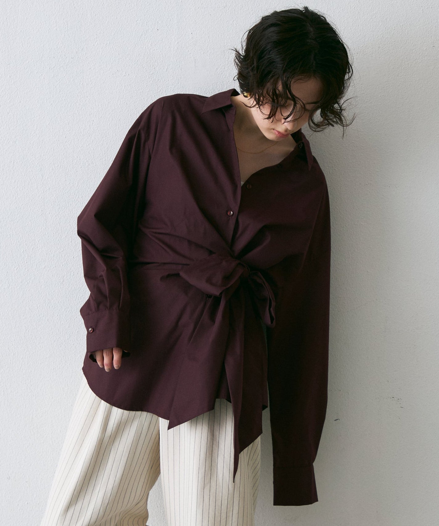 ウエストアシメリボン長袖シャツ