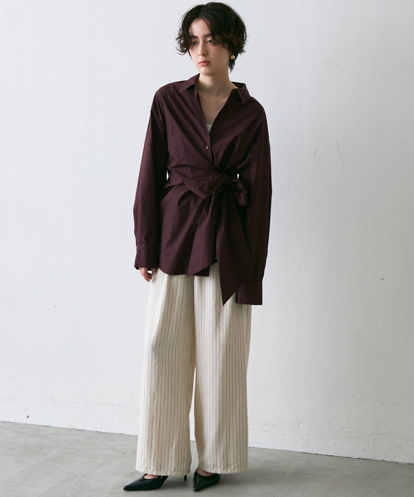 ウエストアシメリボン長袖シャツ