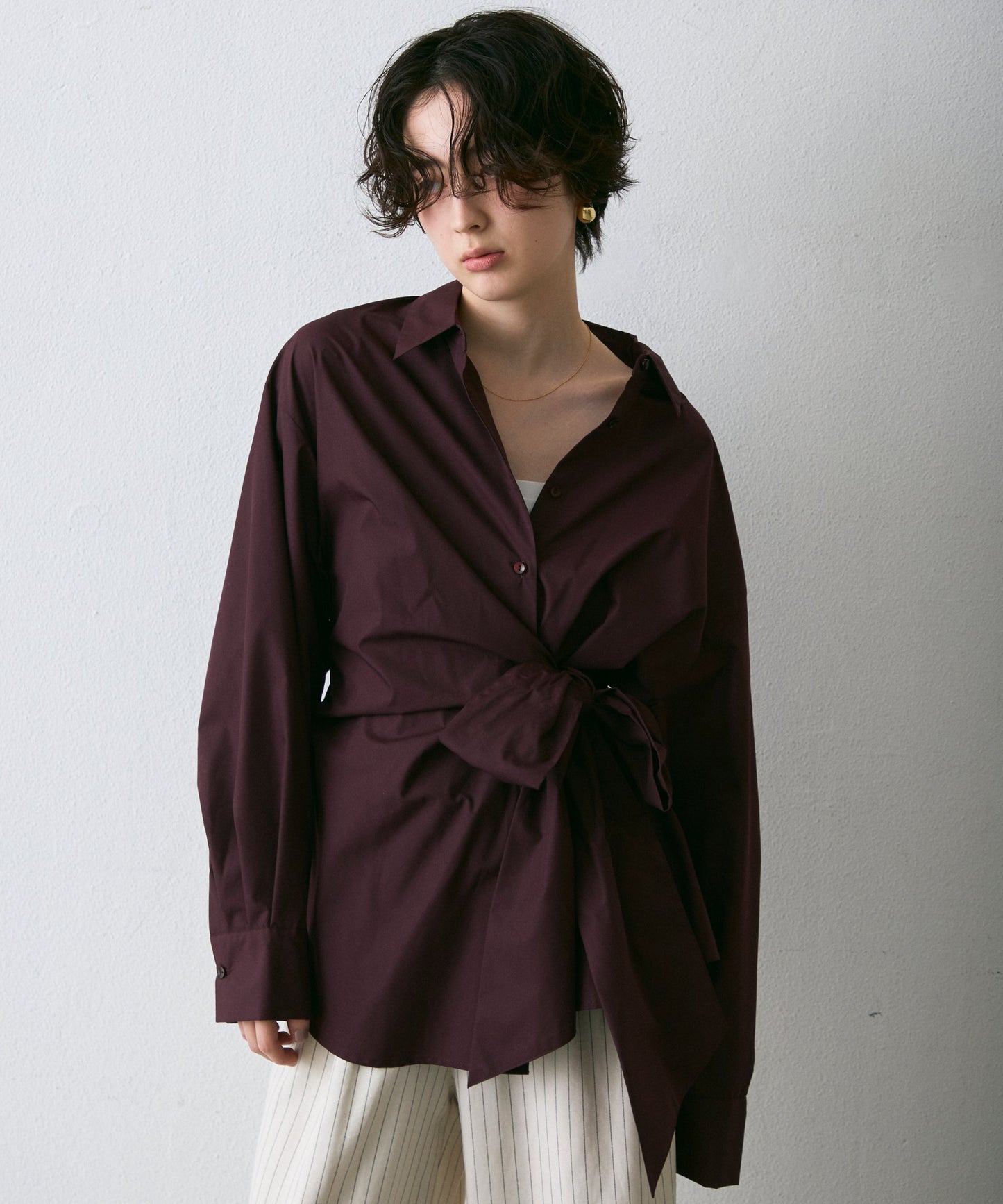 ウエストアシメリボン長袖シャツ