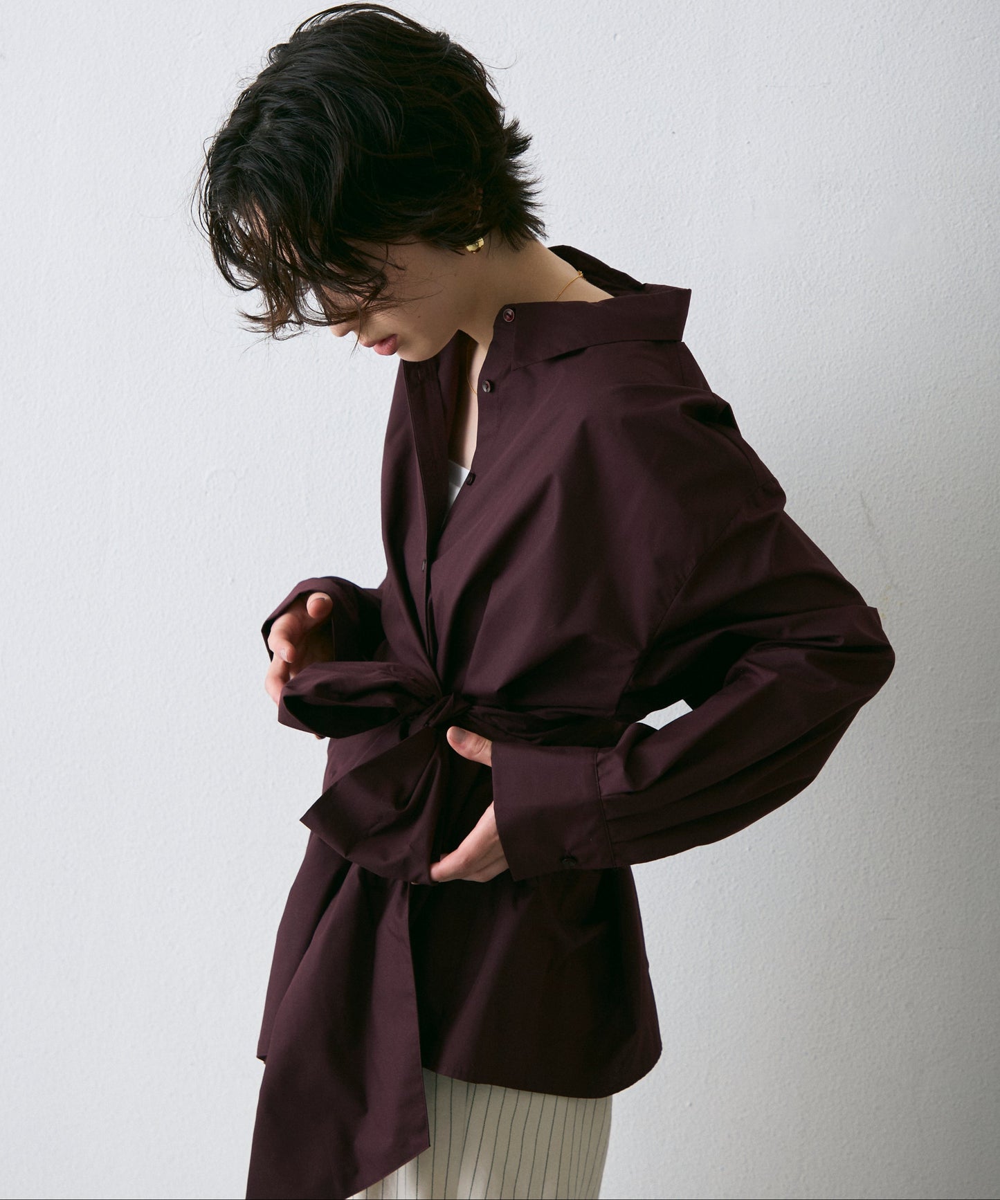 ウエストアシメリボン長袖シャツ