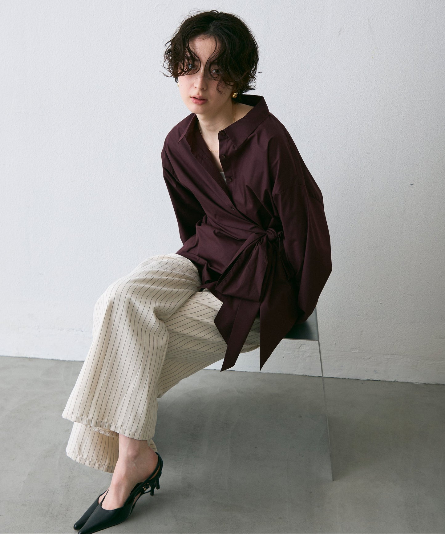 ウエストアシメリボン長袖シャツ