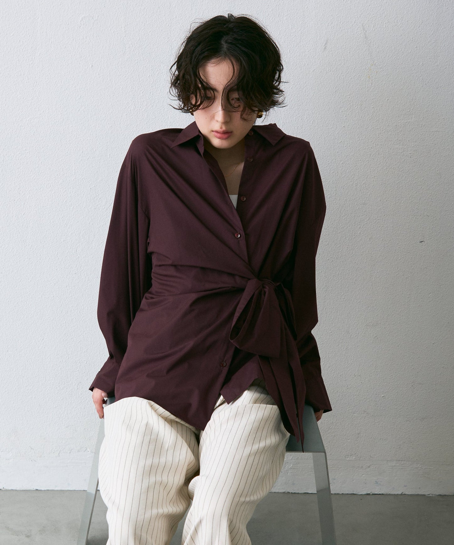 ウエストアシメリボン長袖シャツ