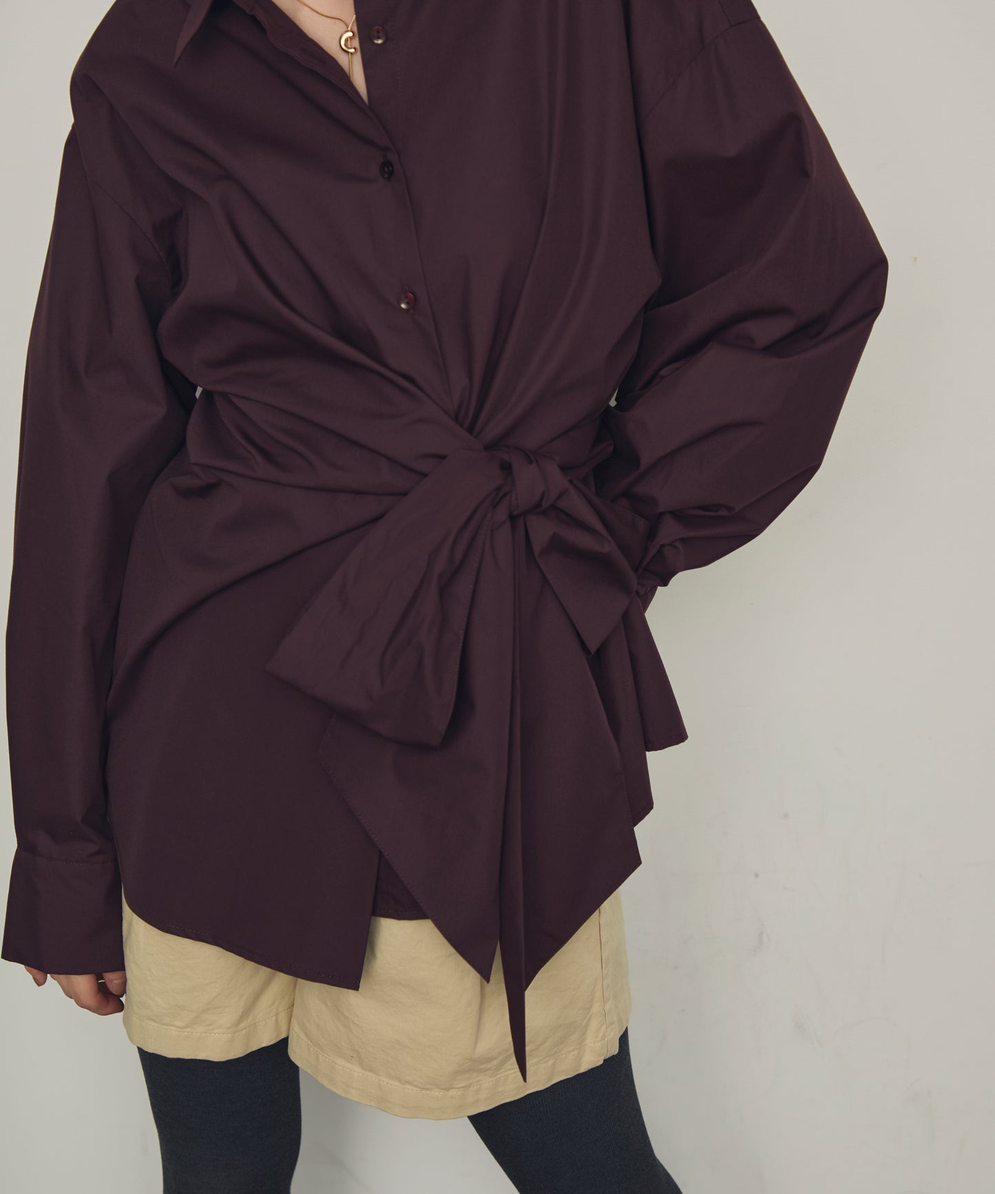 ウエストアシメリボン長袖シャツ