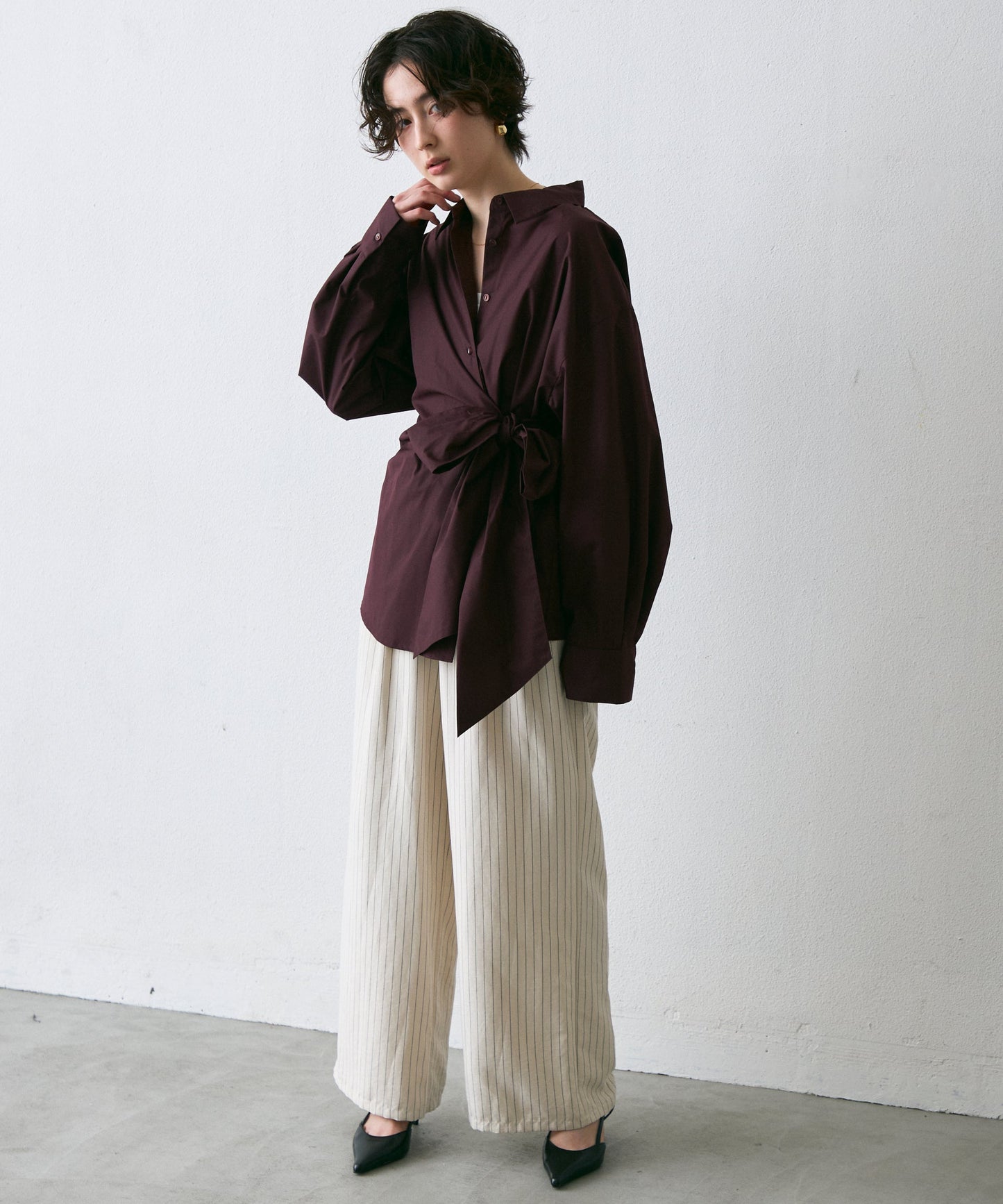 ウエストアシメリボン長袖シャツ