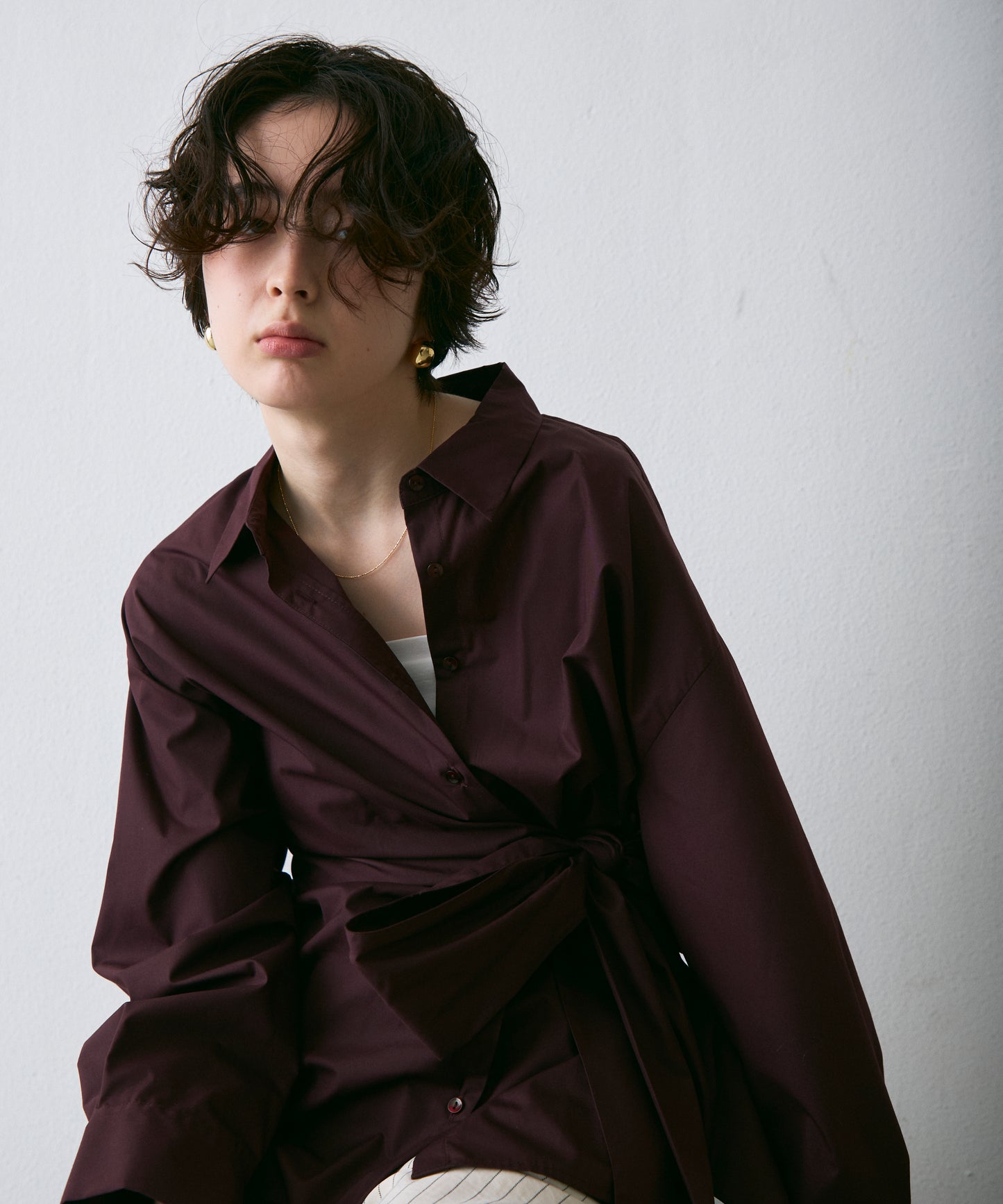 ウエストアシメリボン長袖シャツ