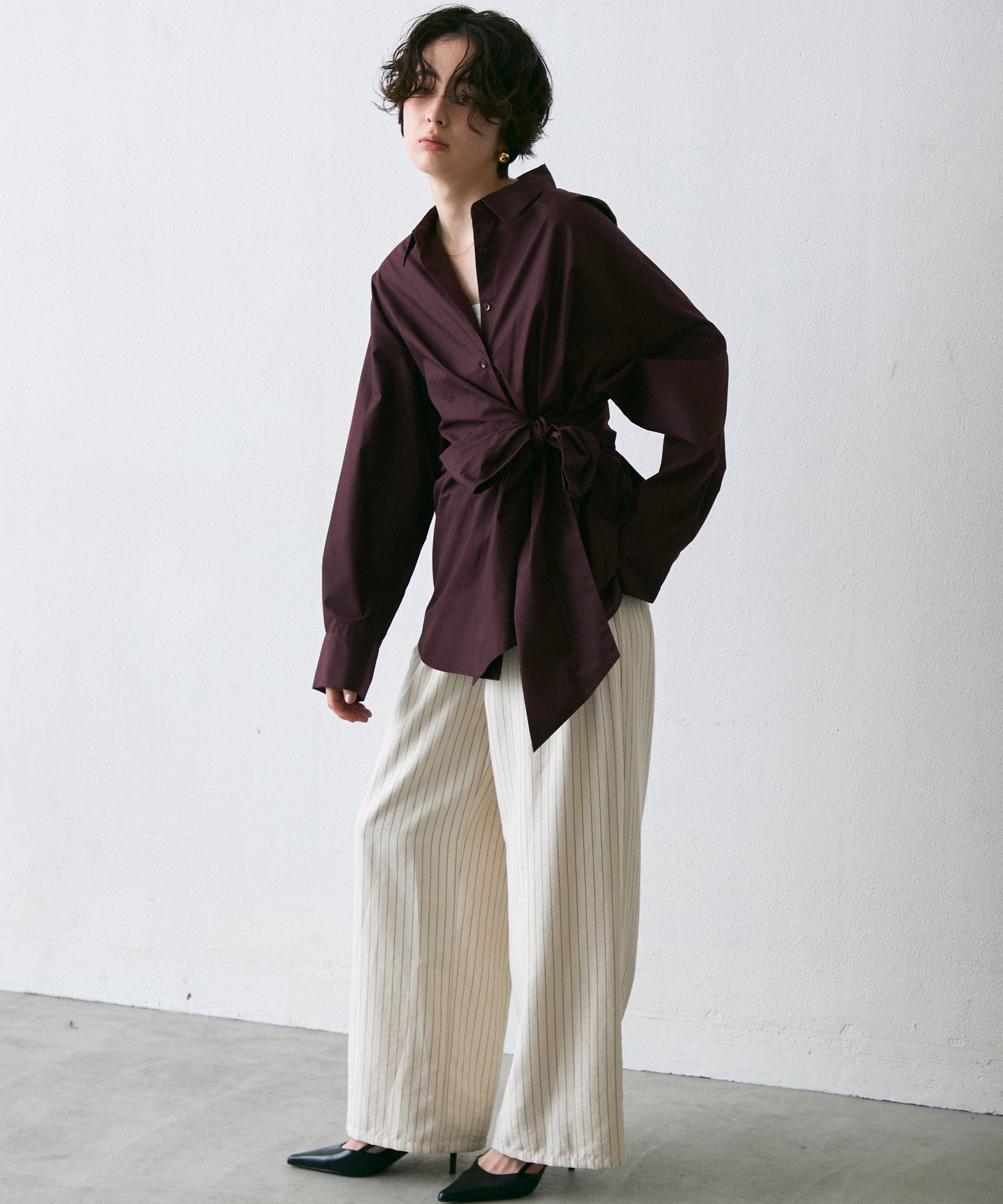 ウエストアシメリボン長袖シャツ