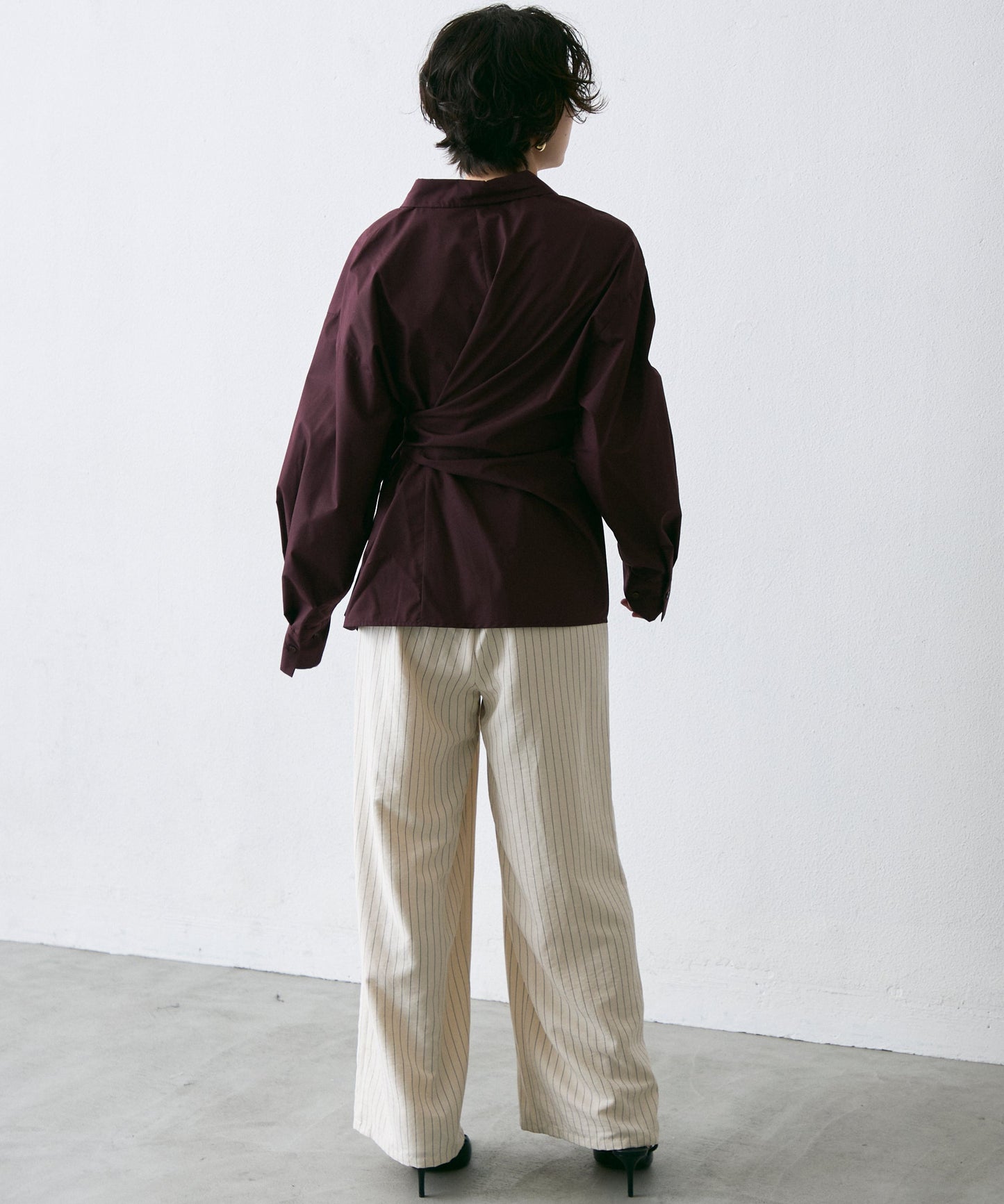 ウエストアシメリボン長袖シャツ