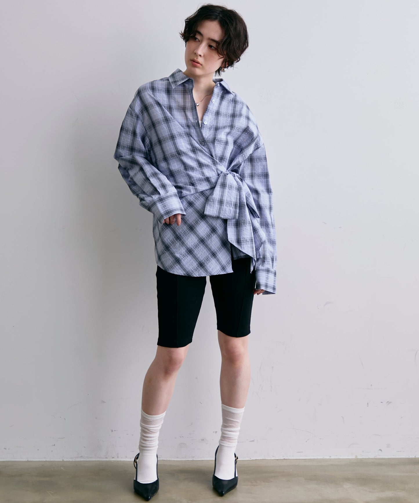 ウエストアシメリボン長袖シャツ