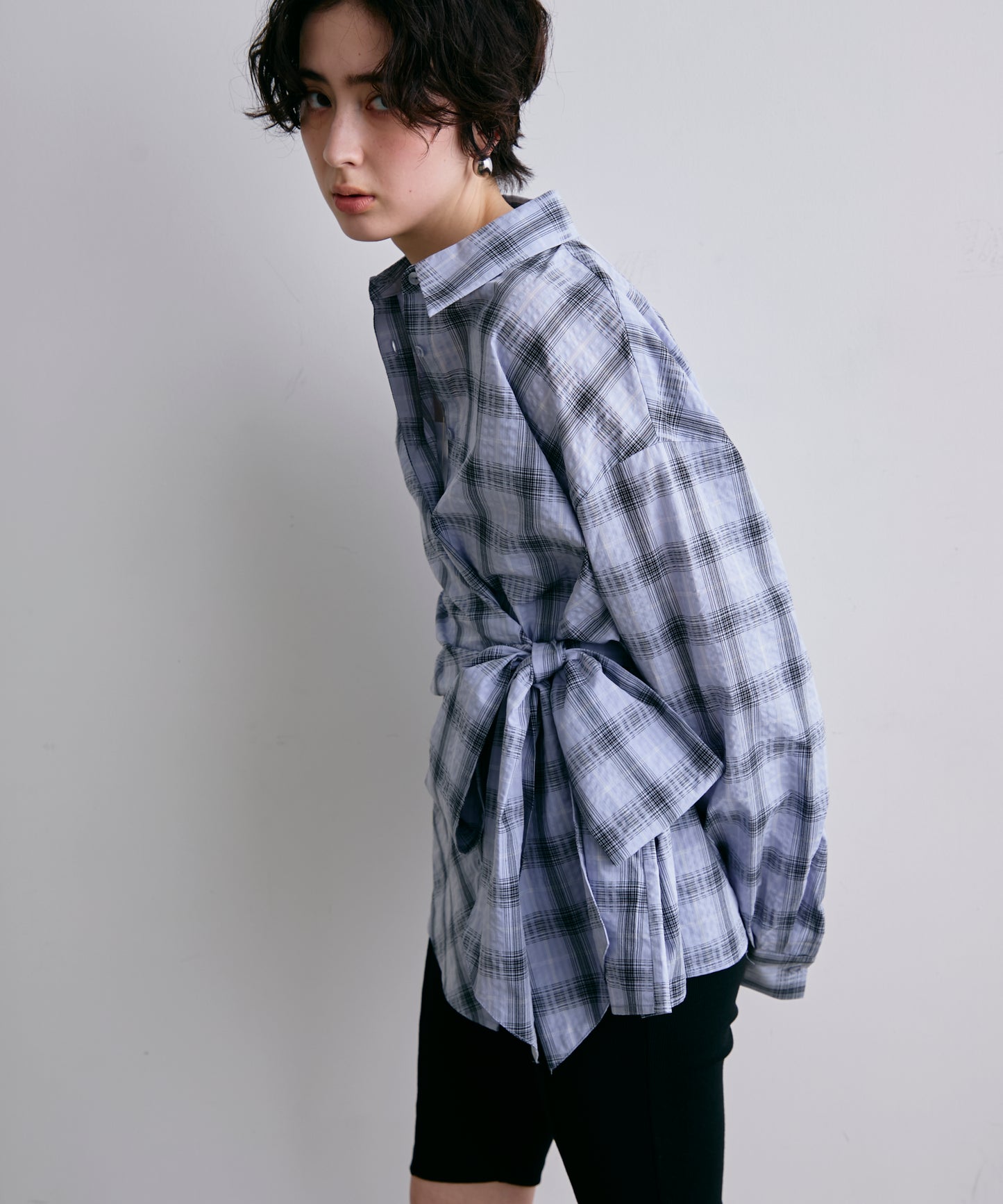 ウエストアシメリボン長袖シャツ