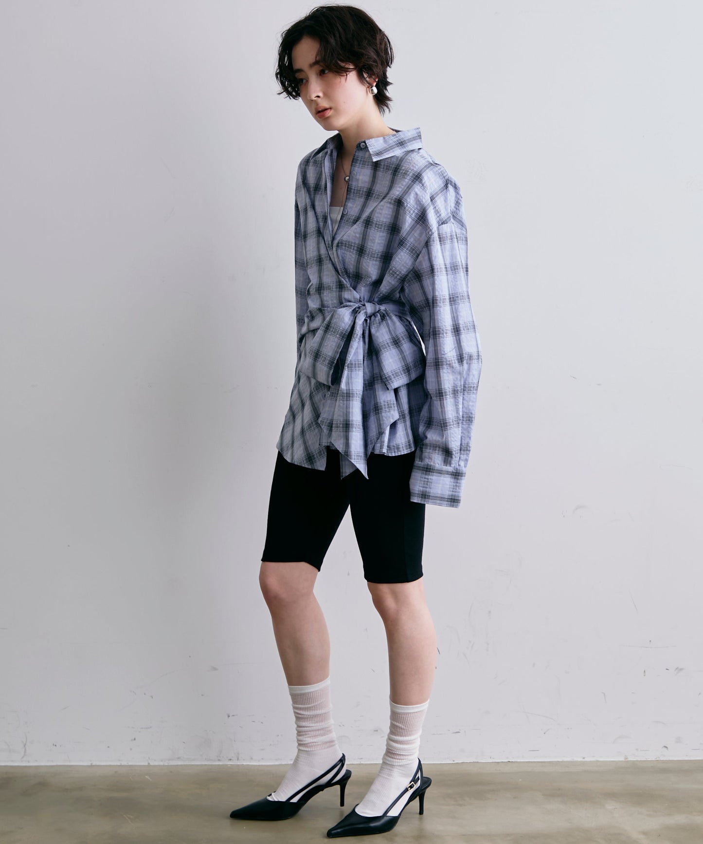 ウエストアシメリボン長袖シャツ