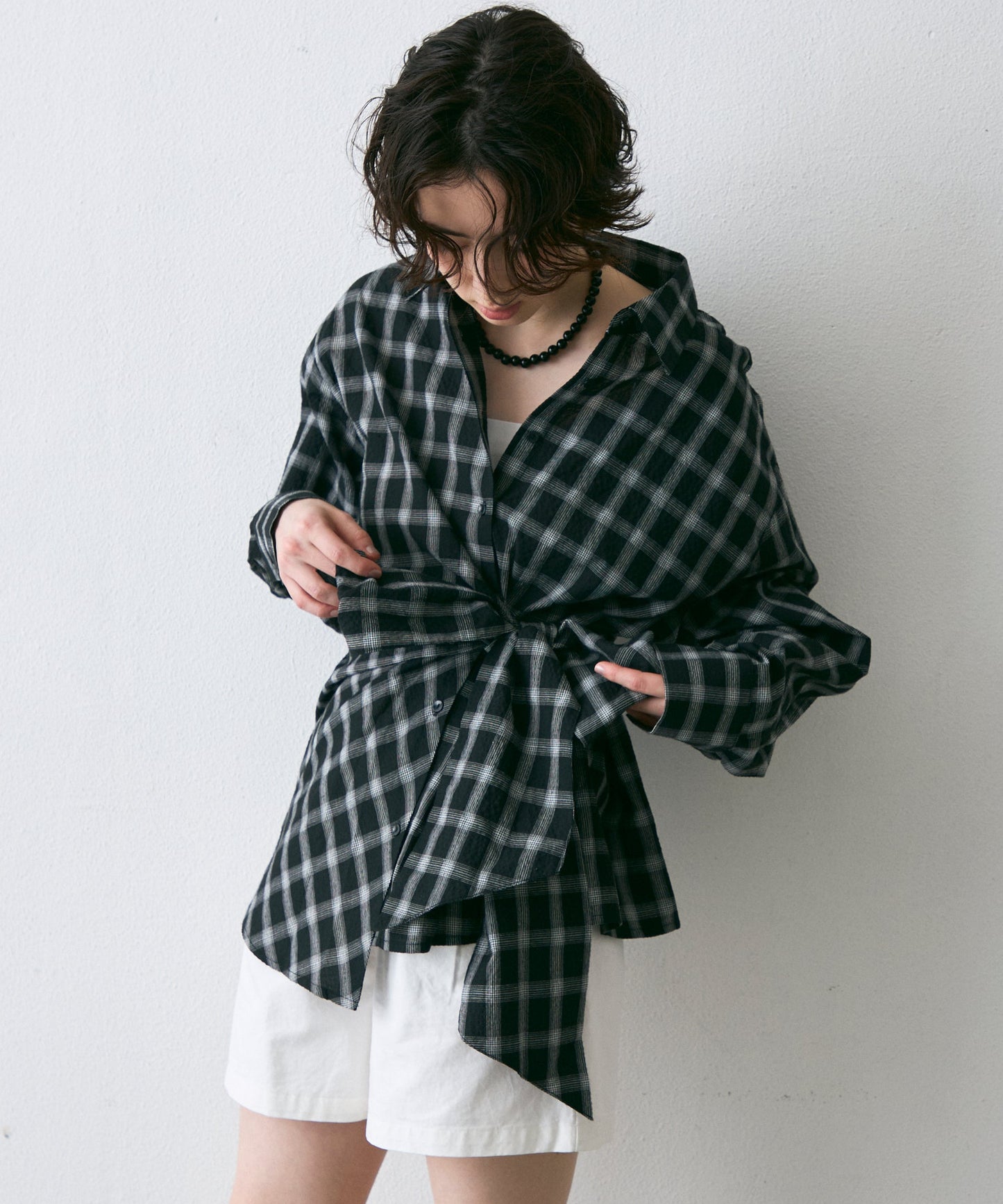 ウエストアシメリボン長袖シャツ