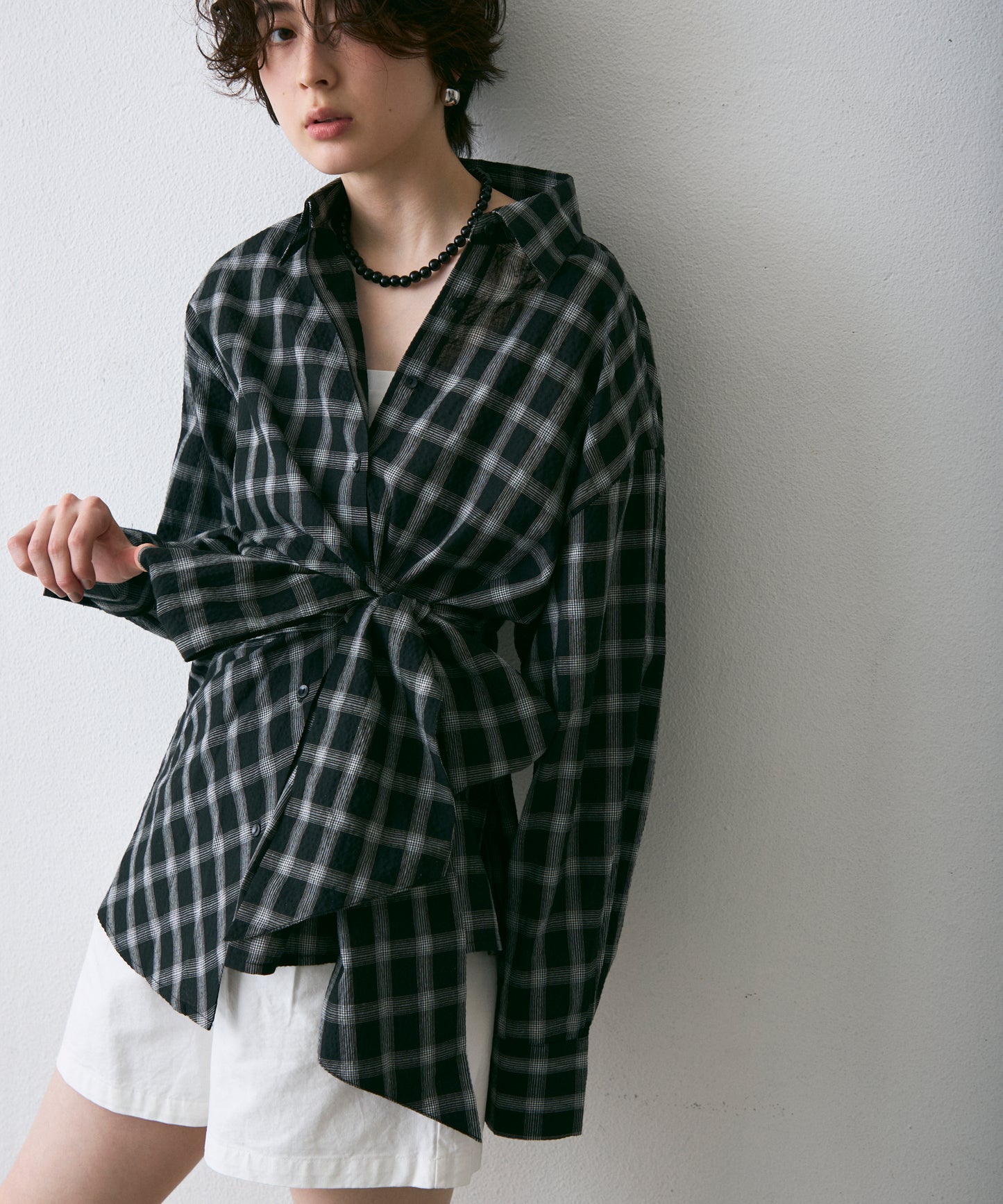 ウエストアシメリボン長袖シャツ