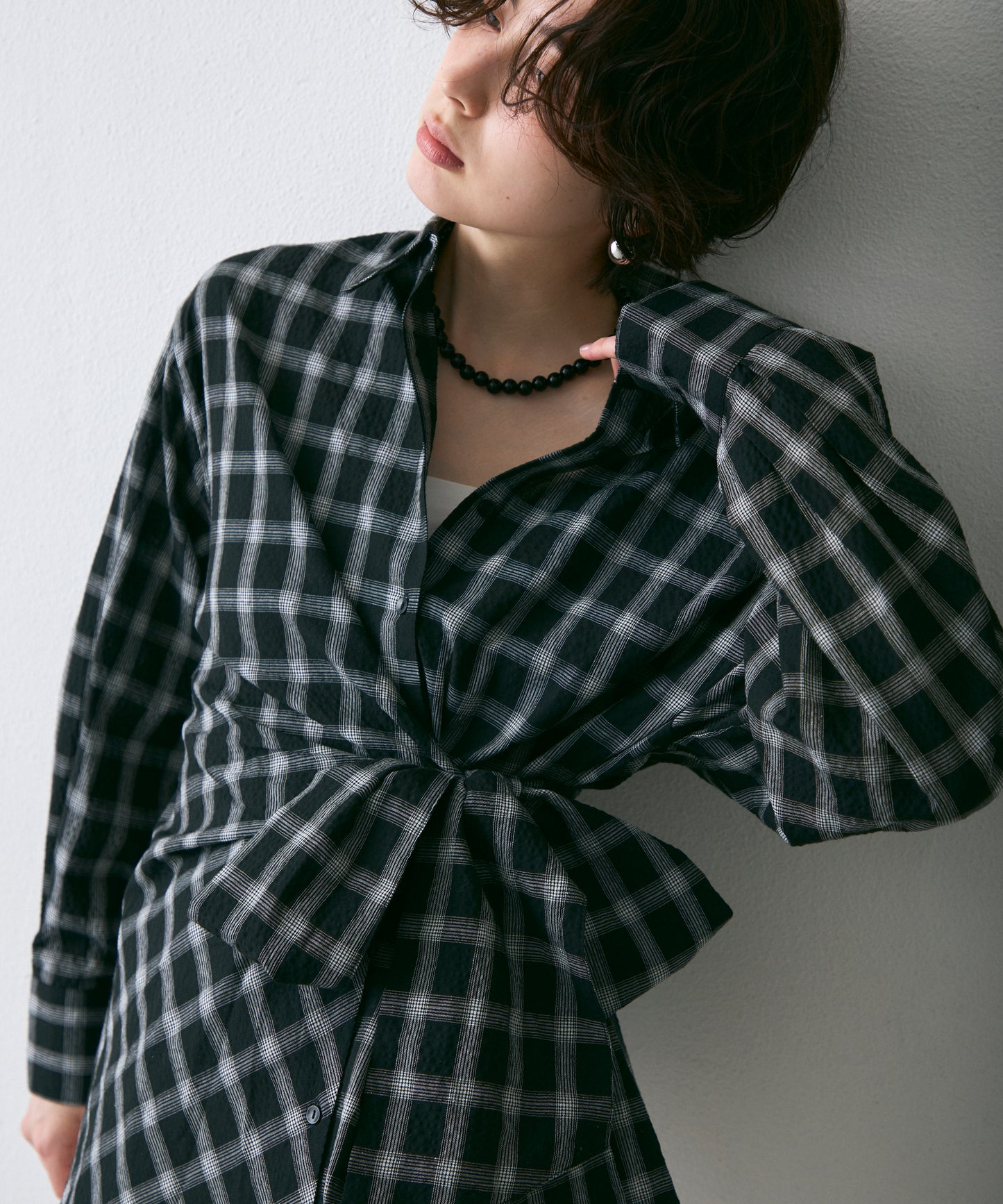 ウエストアシメリボン長袖シャツ