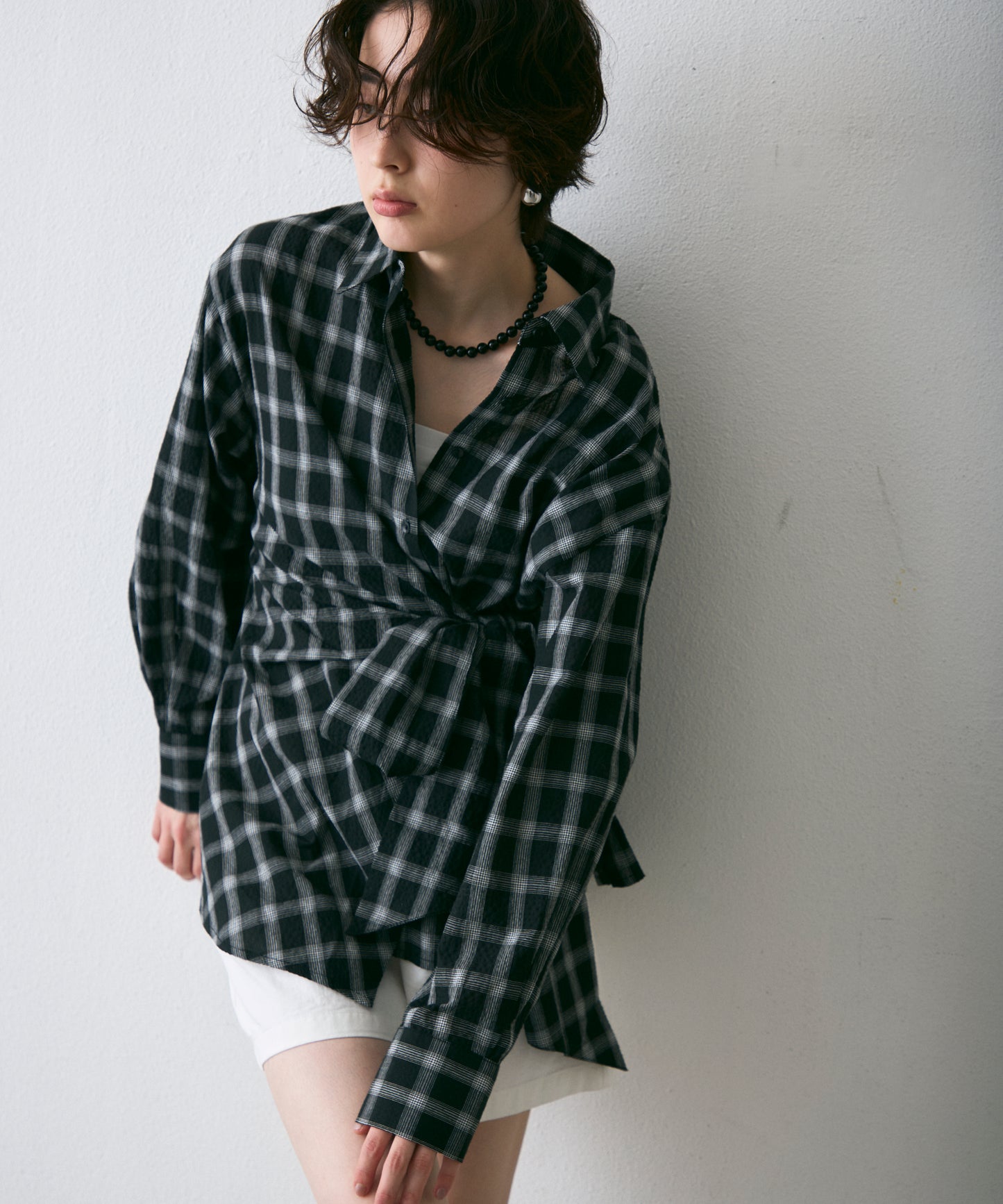 ウエストアシメリボン長袖シャツ