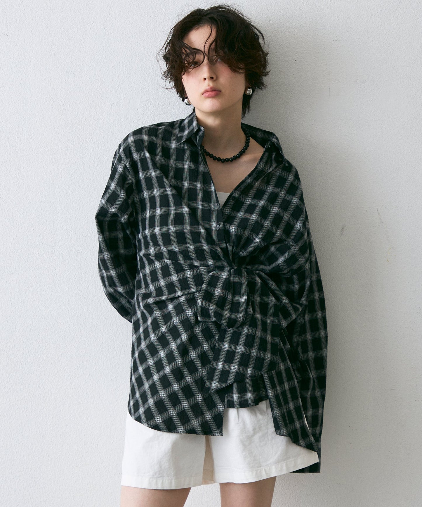 ウエストアシメリボン長袖シャツ