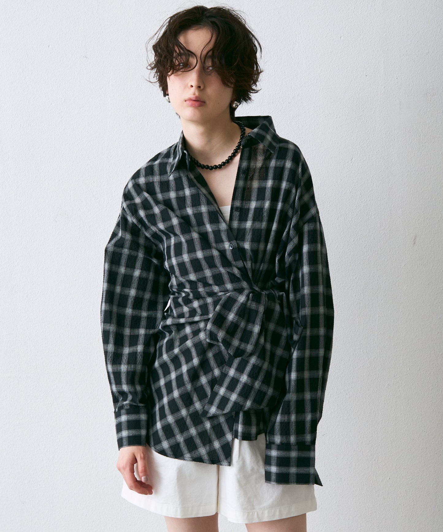 ウエストアシメリボン長袖シャツ