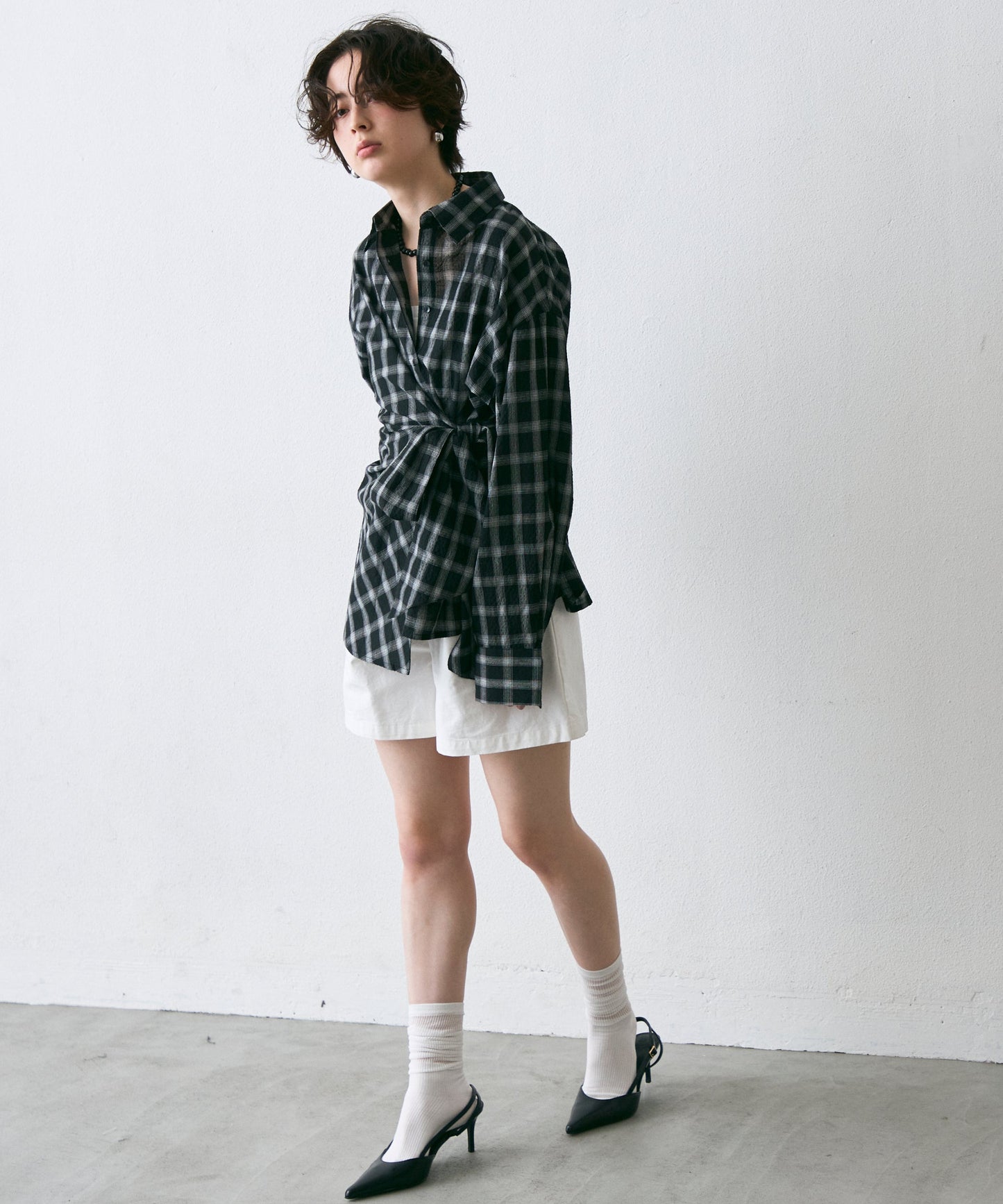 ウエストアシメリボン長袖シャツ