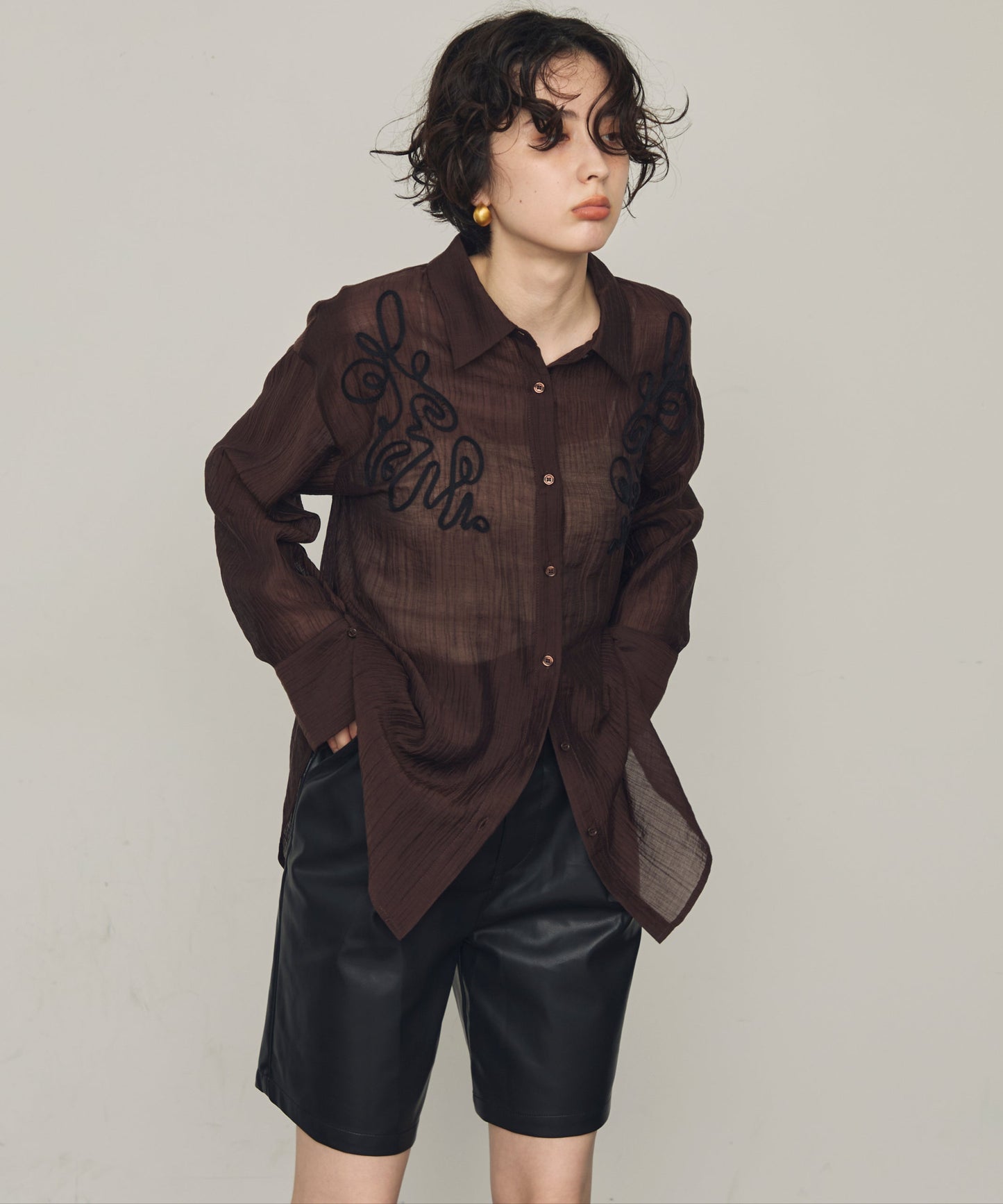 楊柳シアーコード刺繍ロングスリーブシャツ