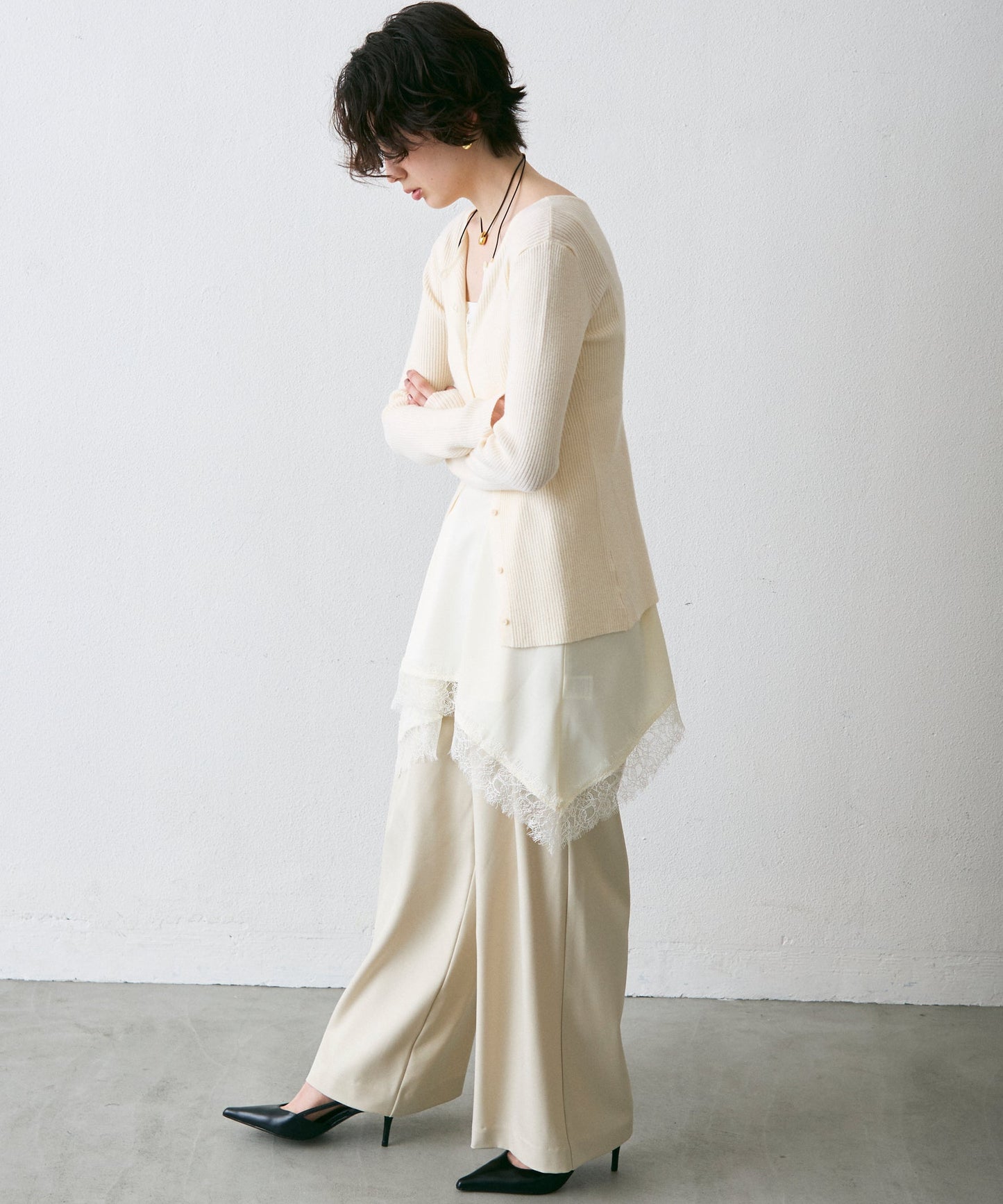 前後2WAYリブ編みクルーネックカーディガン