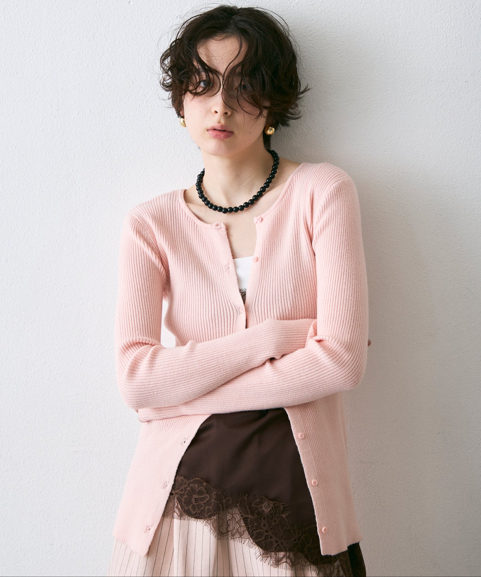 前後2WAYリブ編みクルーネックカーディガン | Trish