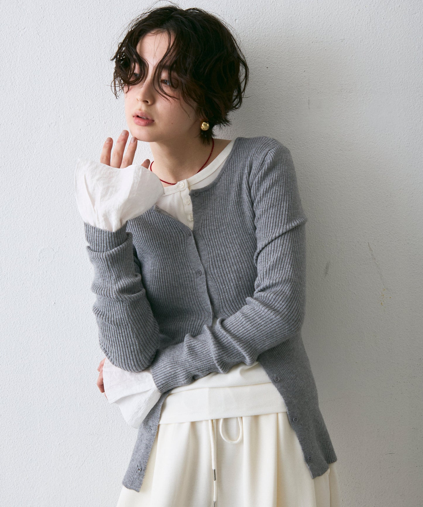 前後2WAYリブ編みクルーネックカーディガン