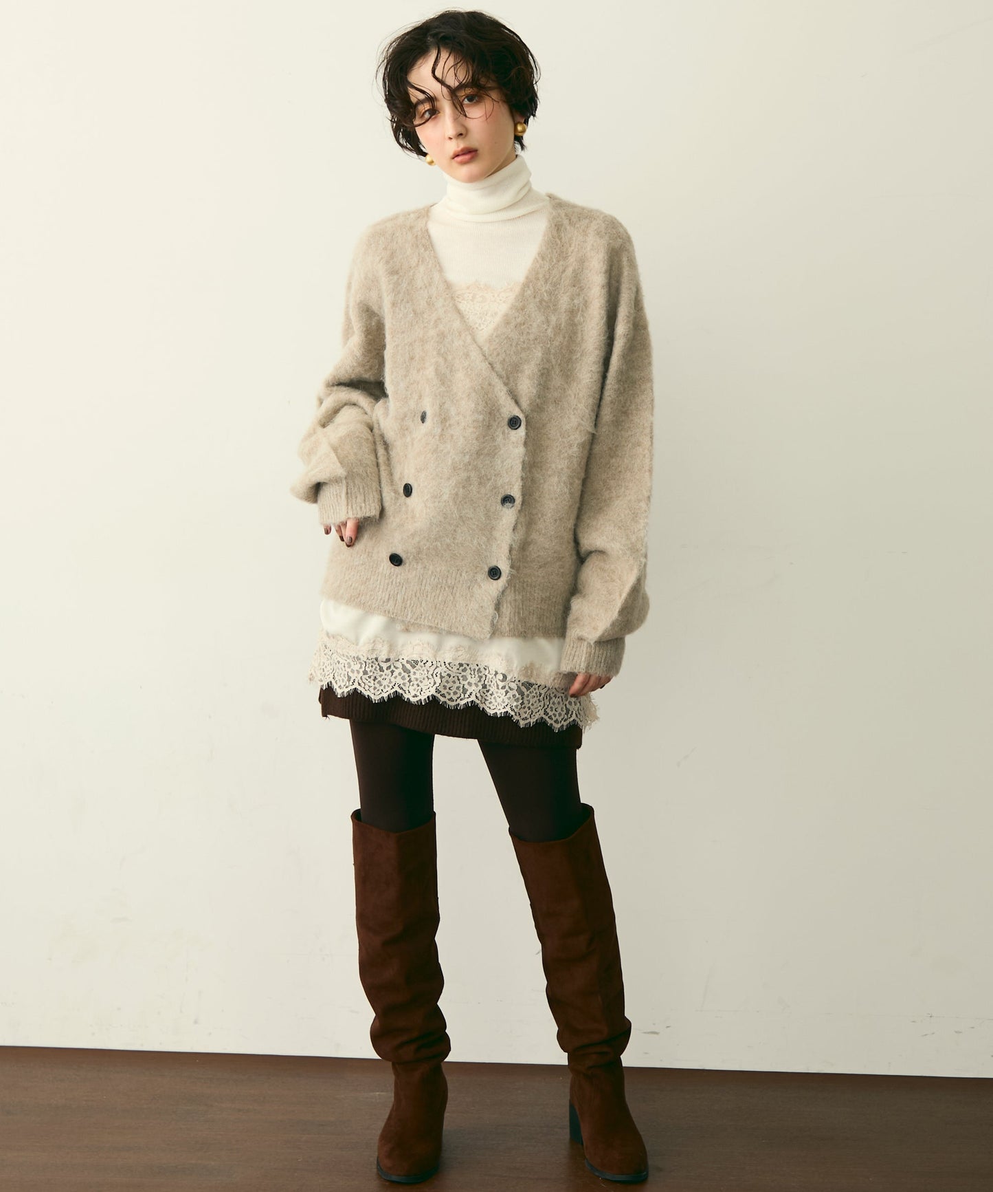 モヘアタッチシャギーダブルブレストカーディガン