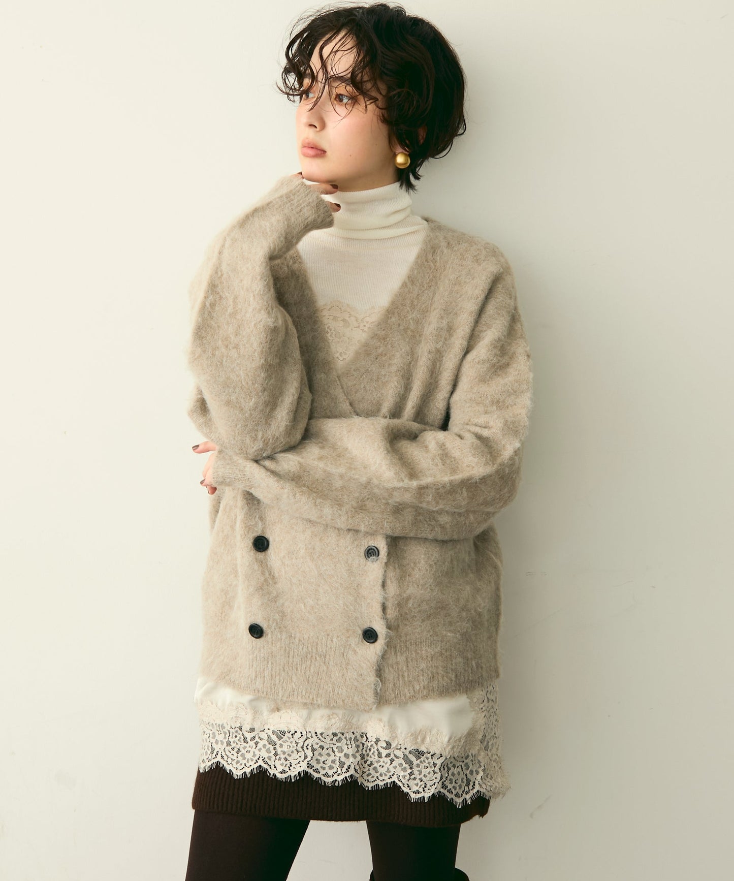 モヘアタッチシャギーダブルブレストカーディガン