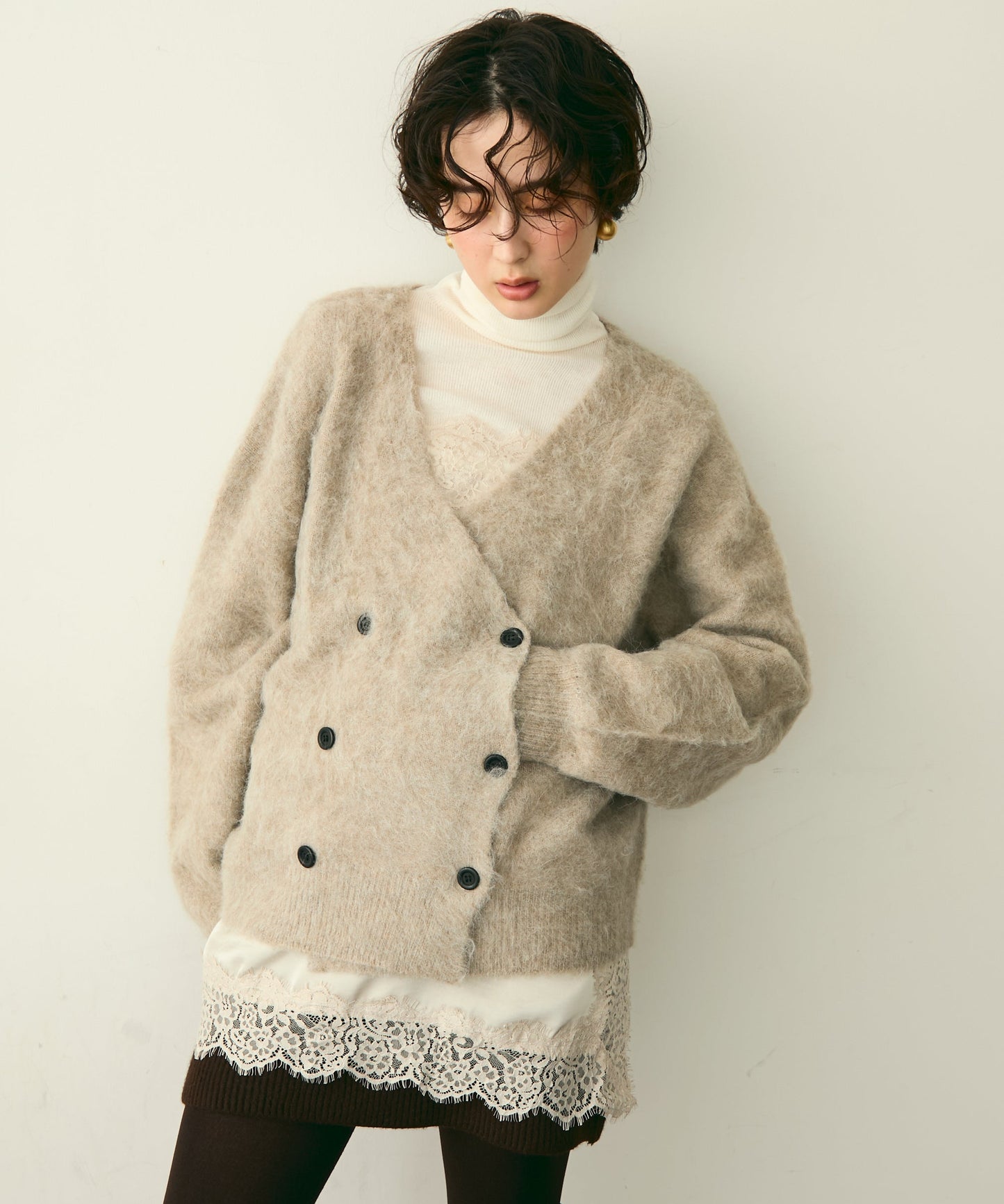 モヘアタッチシャギーダブルブレストカーディガン