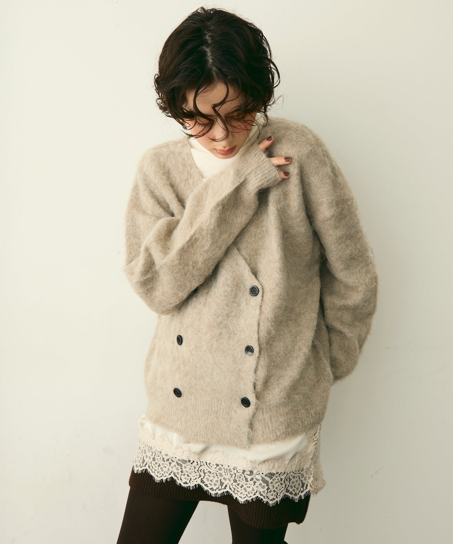 モヘアタッチシャギーダブルブレストカーディガン