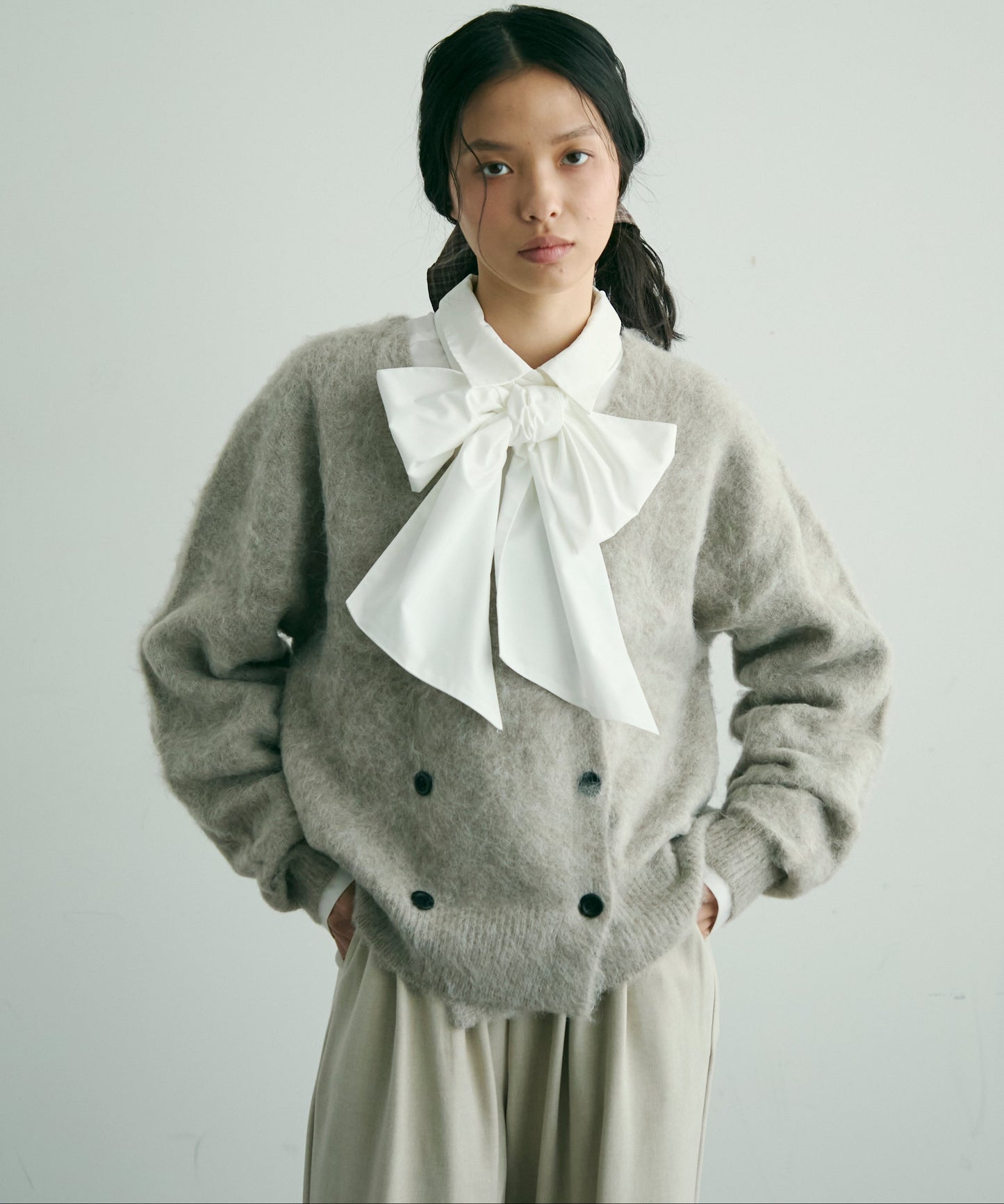 モヘアタッチシャギーダブルブレストカーディガン